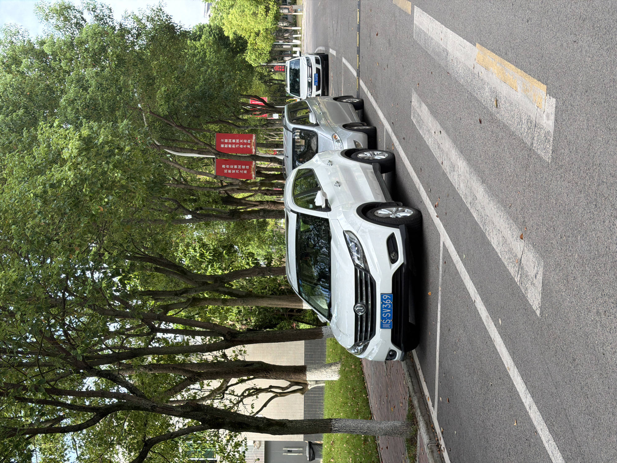 A line of white vehicles is parked on the side of a street in Jiangjin, China. In the foreground, a white SUV with a blue license plate reading "S SV369" is parked in a marked spot. Behind it, a silver minivan and another white SUV are also parked. Trees with lush green foliage line the street, and a building with a beige facade is visible in the background. Red banners hang from poles between the trees. The street has white and yellow road markings, including pedestrian crossings.