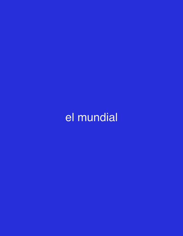 The image features a solid, vibrant blue background. Centered horizontally and slightly below the vertical midpoint of the frame is the text "el mundial" rendered in white, lowercase letters. The typeface appears to be a clean, sans-serif style. There are no visible people, objects, or specific scenes depicted beyond this text and the uniform blue field. The image is a minimalist graphic, likely a slide or a digital banner, focusing solely on the textual message against a colored backdrop. No activity or event is directly shown. There are no visual cues within the image regarding time of day, weather, or a specific physical location in Santa Ana, Venezuela, or elsewhere. The multiple crops provided highlight different sections of the blue background and the white text, confirming the simple composition.
