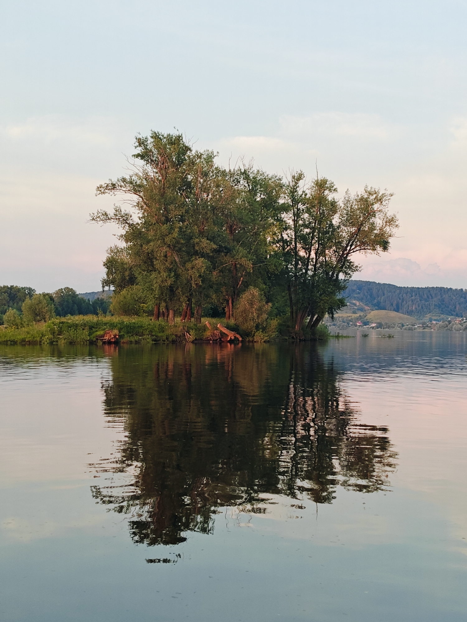 The image depicts a serene natural landscape with a focus on an island covered in trees situated in a body of water. The island is densely vegetated with a variety of trees, some appearing tall and mature, others smaller and bush-like. The water surface is calm, reflecting the trees and the sky. In the background, rolling hills covered in dense forests are visible, with a hint of human settlement, including houses and structures, nestled within the landscape. The sky is a soft gradient of pale blue and pink, suggesting either dawn or dusk. The overall impression is one of tranquility and natural beauty.