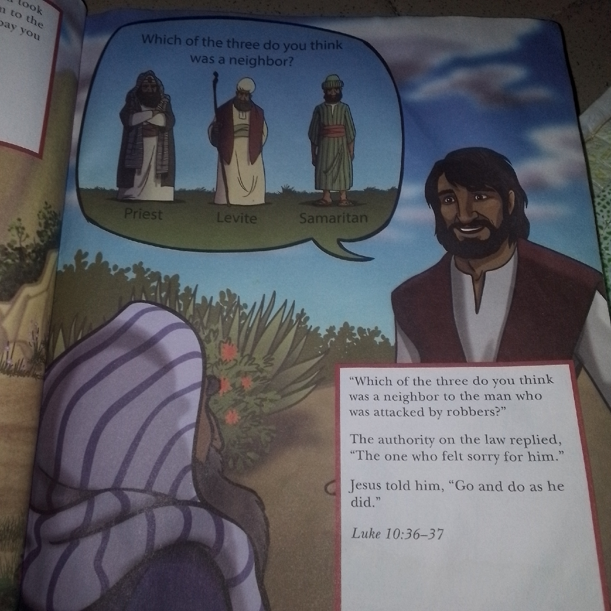 The image depicts an open book with illustrations and text. On the right page, a cartoonish drawing shows three men in traditional attire standing in a line with a speech bubble above them. The text in the bubble asks, "Which of the three do you think was a neighbor?". Below the men are labels: "Priest," "Levite," and "Samaritan." To the right of the speech bubble is a drawing of a man with dark hair and beard, looking upwards. Below the illustration, a red-bordered box contains text that appears to be a quote and a Bible verse reference. The left page shows a partial illustration of a person wearing a striped garment. There is no discernible information in the image that would indicate its location in Jalingo, Nigeria.