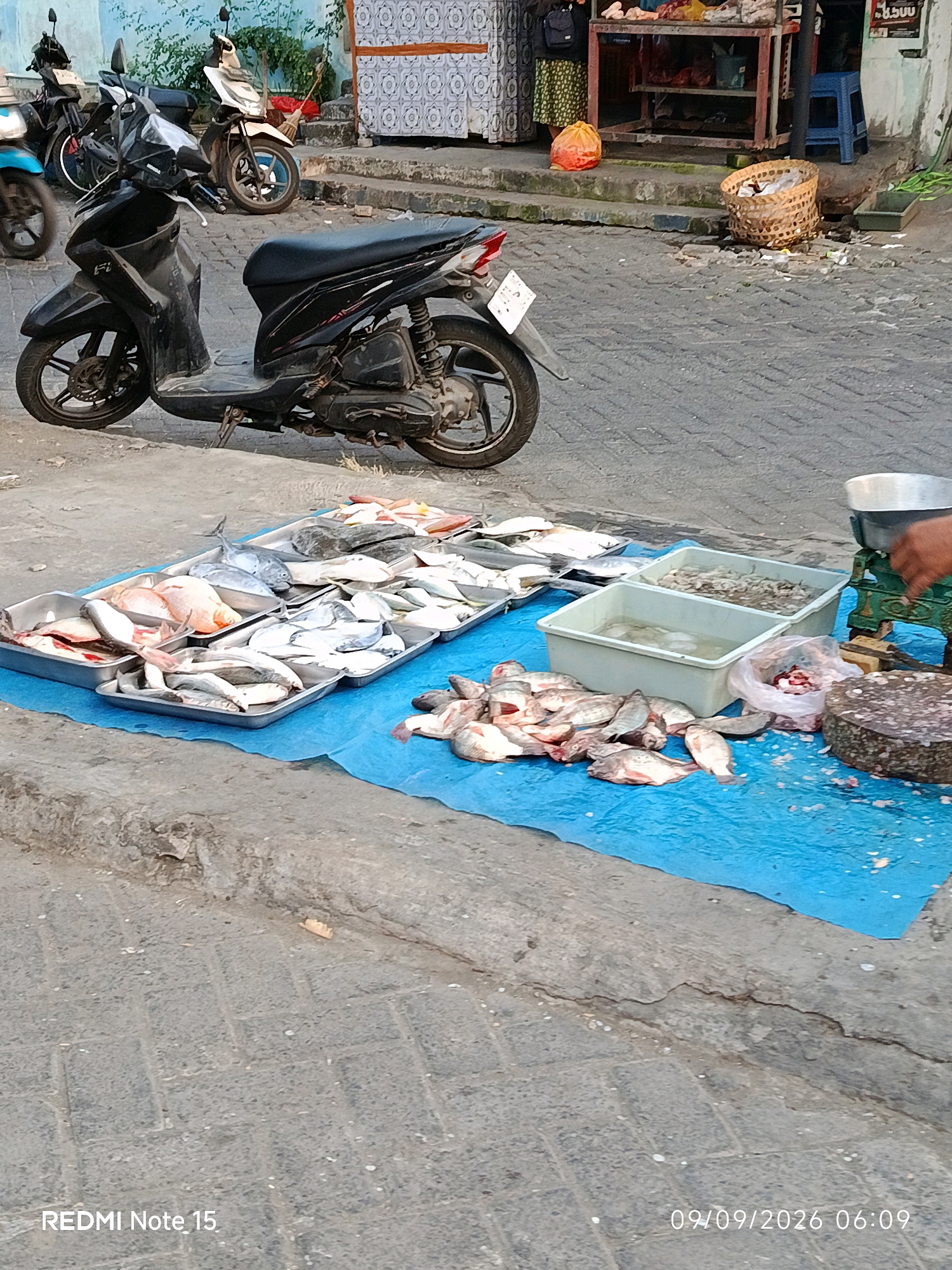 In Keboansikep, Indonesia, an outdoor market scene unfolds. A black scooter is parked on a brick-paved street. In the foreground, a blue tarp covers a section of the street, displaying a variety of fresh fish arranged in metal trays and piles. To the right, a person's hand is visible operating a green and silver scale. Two white plastic tubs are also present on the tarp, one containing what appears to be water and the other filled with small, shelled creatures. A round chopping block and a plastic bag filled with fish parts are next to the tubs. Behind the fish display, a market stall with a red frame is partially visible, exhibiting some goods and a woven basket. Several other motorcycles are parked in the background.