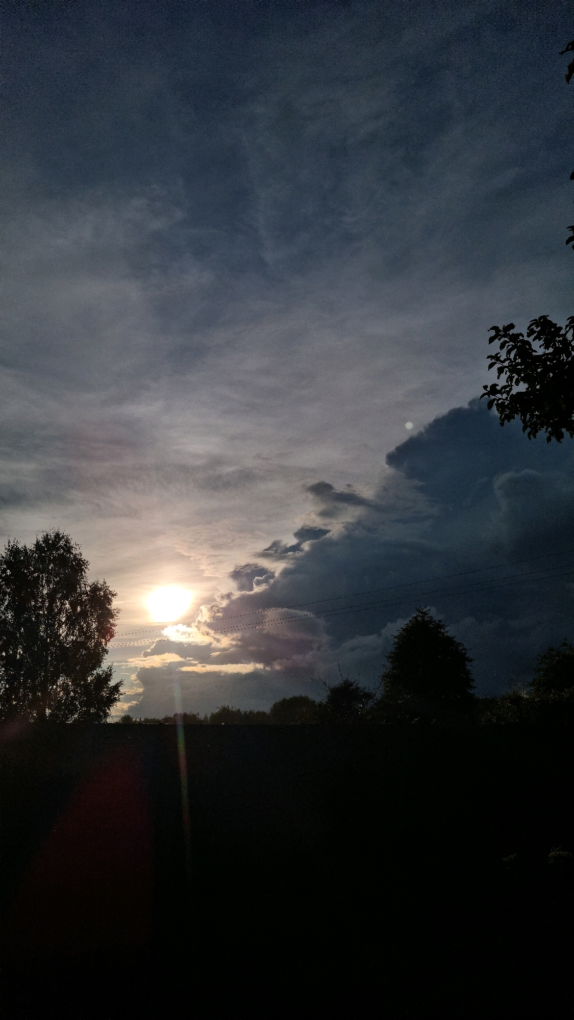 The image depicts a dusky sky with a setting sun visible on the left side, casting a warm glow through scattered clouds. The sky transitions from a lighter, brighter hue near the sun to darker shades of gray and blue as it moves towards the right. A cluster of dark, silhouetted trees forms a line across the lower portion of the image, with a darker, solid mass in the foreground, possibly a fence or wall. Several small, dark specks, likely birds in flight, are visible in the sky. The overall scene suggests a rural or suburban setting at dusk, possibly in or near Vysokoe, Russia.