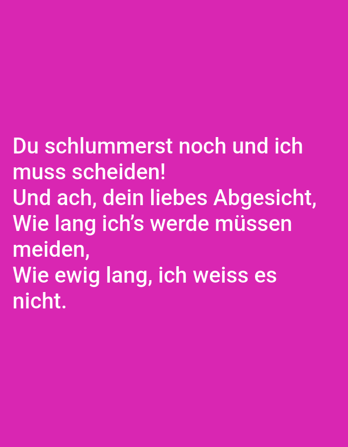 The image is a digitally rendered text on a solid magenta background. The text is in white, all caps, and reads:
DU SCHLUMMERST NOCH UND ICH
MUSS SCHEIDEN!
UND ACH, DEIN LIEBES ABGESICHT,
WIE LANG ICH'S WERDE MÜSSEN
MEIDEN,
WIE EWIG LANG, ICH WEISS ES
NICHT.
The text appears to be a stanza of poetry or lyrics. There is no discernible location in Tallinn, Estonia, or any physical elements beyond the text and background.