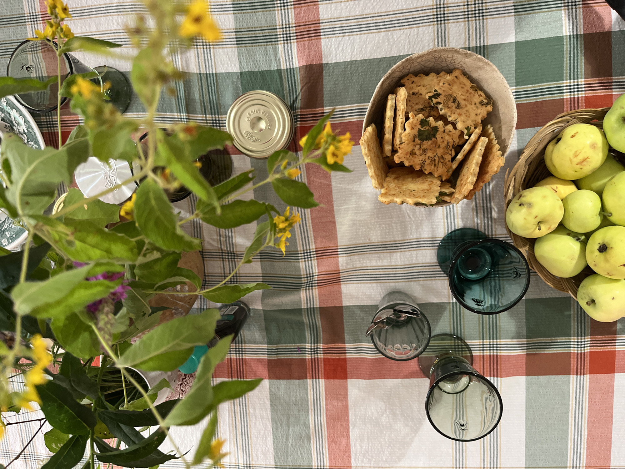 A high-angle medium shot captures a close-up of a table setting with a checkered tablecloth in red, green, and beige. In the upper left, a bouquet of green foliage with small yellow flowers is arranged in a white vase. Various objects are spread across the table, including several dark green glass tumblers, one containing a small insect illustration. A silver lidded jar sits near the flowers. In the lower half of the image, a rustic bowl overflows with crackers, some appearing savory and seasoned. Below that, a woven basket is filled with several light green apples, some showing minor blemishes. The scene appears to be an informal gathering or meal preparation.