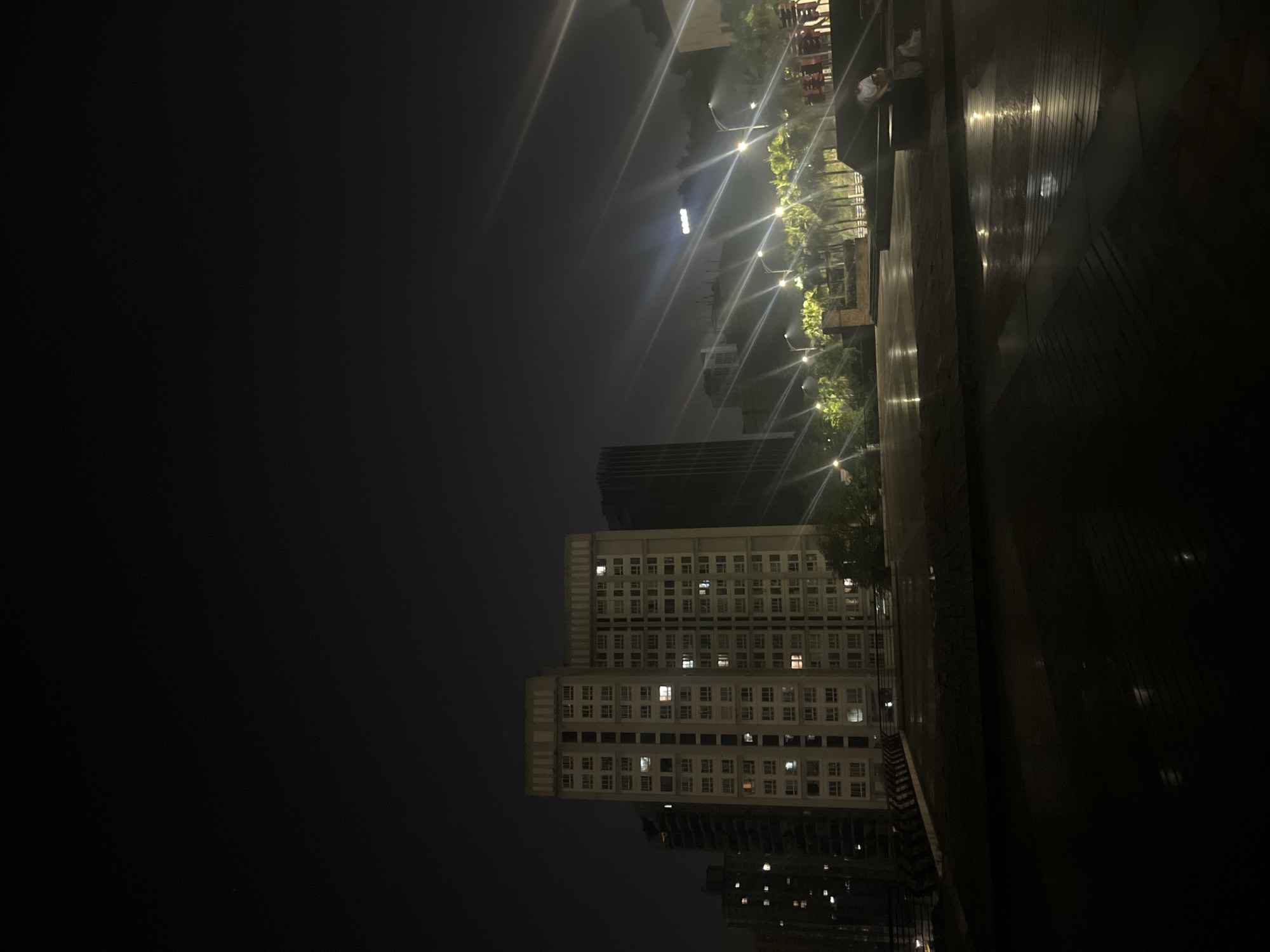The image depicts a nighttime urban scene in Jiulongpo District, China, likely after rainfall, given the reflective wet surfaces. The scene is dominated by artificial lighting, producing significant lens flares from streetlights.
In the foreground, a dark, wet, and reflective paved surface extends across the lower portion of the frame, showing faint reflections of overhead lights. On the far right, a person wearing a light-colored top and dark trousers is seated on a low, dark-colored concrete bench or planter, facing away from the camera and towards the right. A small, light-colored object rests beside them. To the left, a dark, raised structure or barrier runs diagonally across the lower-left corner.
The midground features a row of bright streetlights mounted on poles, extending from the center-right towards the distant left, each generating prominent diagonal light streaks (lens flares). Behind these lights, a line of palm trees or similar tropical foliage appears illuminated with a vibrant green hue. Above the trees and to the right, on a distant elevated structure or hill, a sign with illuminated characters, possibly "SOGO", is faintly visible through the dark atmosphere.
To the left of the midground, a large, light-colored multi-story building, likely residential or mixed-use, stands prominently. Numerous windows are visible across its facade, with many exhibiting interior illumination. The building features a distinct, flat roofline with a darker decorative edge. Behind this building, a taller, darker high-rise structure is partially obscured. Further to the left, another building with some illuminated windows is visible in the darkness.
The background consists of a dark, featureless night sky, offering no discernible celestial objects or distant landmarks beyond the immediate urban glow. The overall environment suggests a quiet urban night, characterized by strong contrasts between artificial illumination and pervasive darkness.