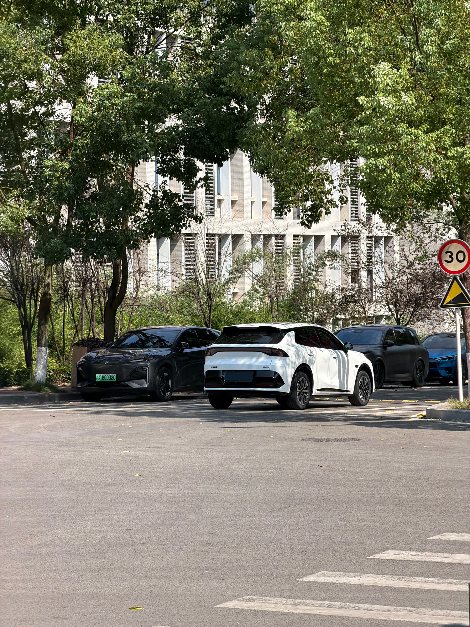 The image shows a street scene in Jiangjin, China, featuring several cars parked along the roadside in front of a modern building with a light-colored facade and many windows. Lush green trees with dense foliage partially obscure the building. A speed limit sign indicating "30" is visible on a pole, along with a yellow triangular warning sign below it.
In the foreground, a crosswalk is painted on the asphalt road. Several cars are parked on the right side of the road. From left to right, a dark gray sedan with a green license plate is visible. Next to it is a white SUV with a black roof and black wheels. Behind the white SUV, a dark gray or black SUV is parked, and further to the right, a blue sedan is partially visible. The cars appear to be modern electric vehicles, suggested by their sleek designs. The environment is sunny, with shadows cast by the trees and cars on the road, indicating daytime. The ground is paved with asphalt, and there are some scattered leaves on the road surface. No people are visible in the frame.