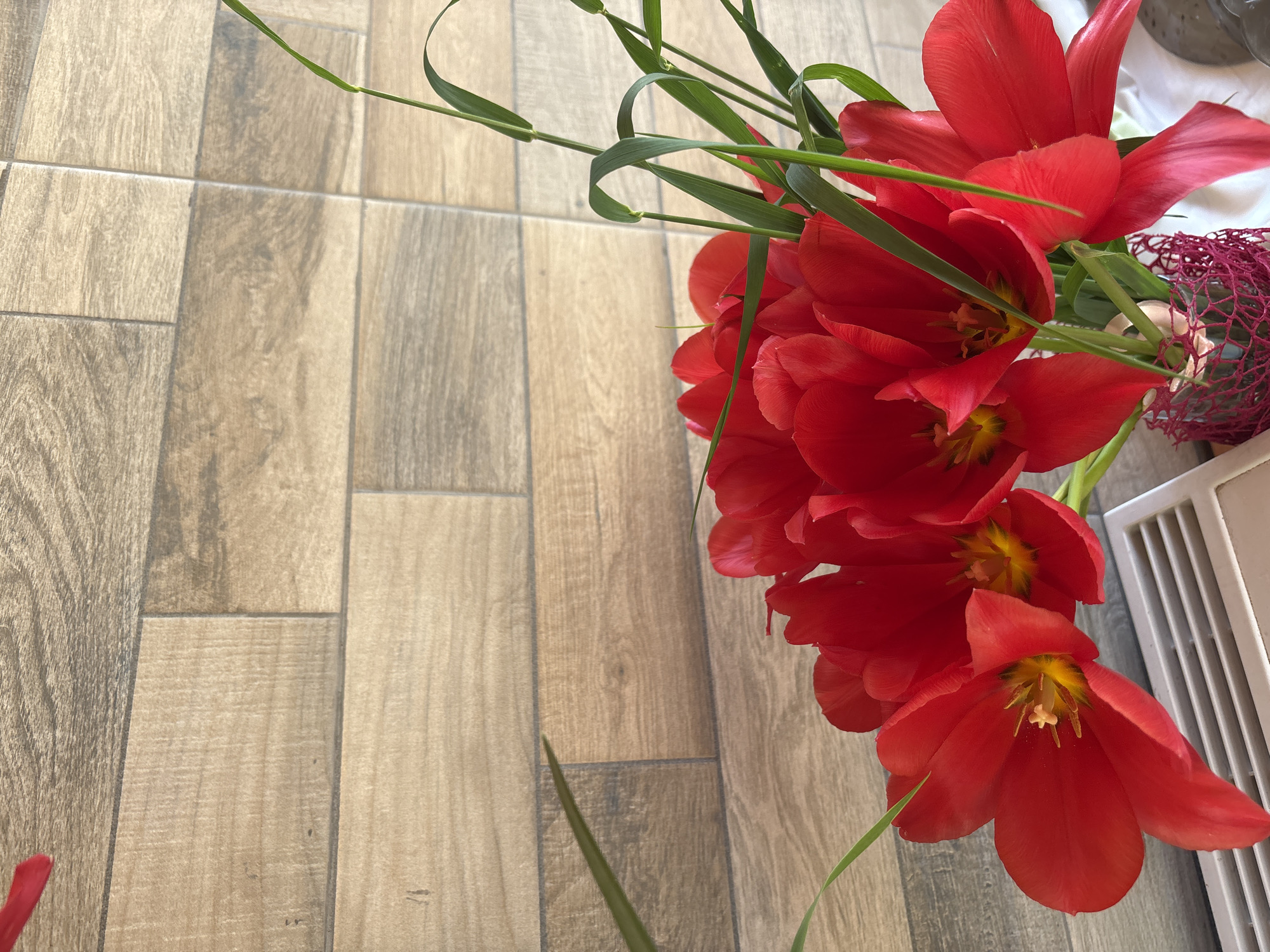 A top-down view of red tulips arranged with green grass-like leaves. The flowers are positioned on the right side of the frame. A section of a white slatted object is adjacent to the flowers. The background consists of wood-patterned tiles. There are no people present. The location is not specified, and there is no indication of Zlatograd, Bulgaria.