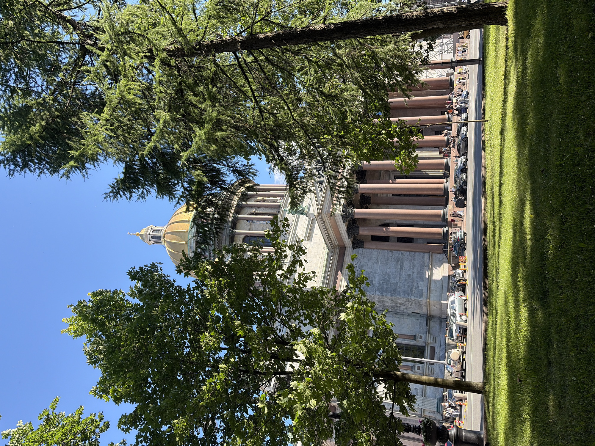 This is a full, eye-level shot of Saint Isaac's Cathedral in Saint Petersburg, Russia, on a clear, sunny day. The camera is positioned across a manicured lawn, with two large trees framing the foreground and mid-ground. To the left, a deciduous tree with lush green leaves obscures part of the cathedral's facade and dome. To the right, a tall coniferous tree with dense green needles occupies the right side of the frame, also partially blocking the view of the cathedral.
The cathedral, a prominent landmark, features a large, golden dome topped with a cross, visible above the trees. Its grand facade is characterized by a colonnade of tall, reddish-pink columns supporting a portico. The building's stone exterior is a light grey.
In the mid-ground, behind the lawn and in front of the cathedral, a street is visible with several cars parked or driving. These include an SUV, a silver sedan, and darker colored sedans. A group of people are seen walking on the sidewalk in front of the cathedral and near the cars. Orange traffic cones are placed along the road. The street is bordered by a grassy area and a sidewalk. The sky is a bright, cloudless blue.