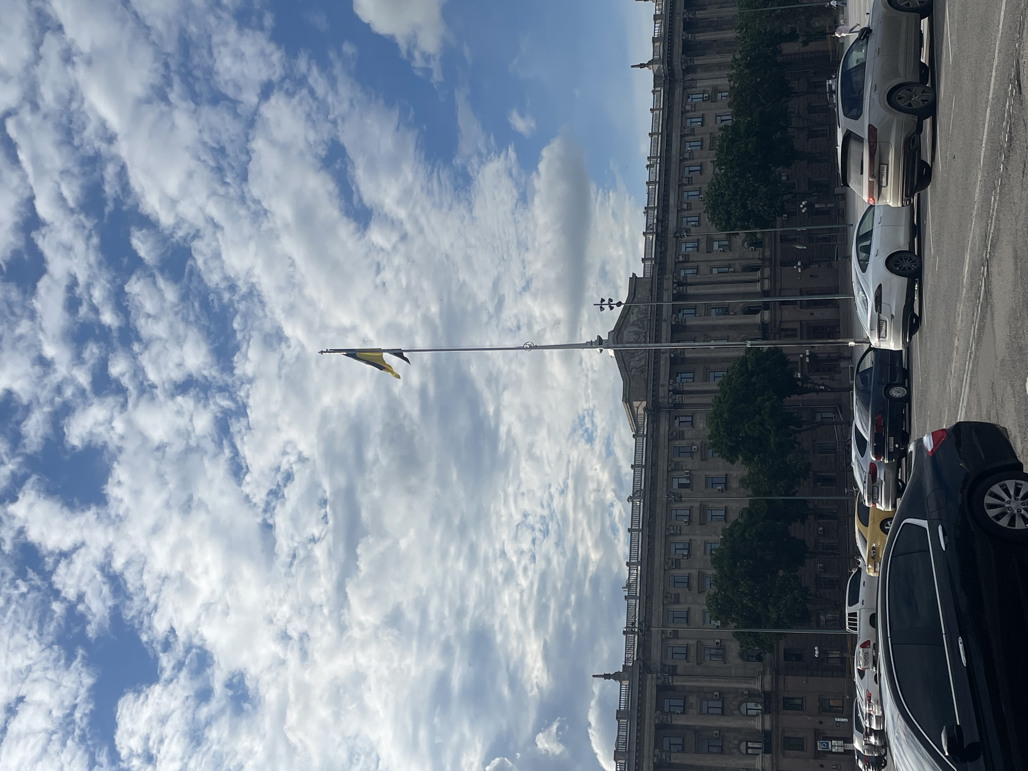 The image shows a street scene in Mykolaiv, Ukraine. A tall building with a stone facade stands along the right side. A flag of Mykolaiv on a tall pole is visible against a cloudy blue sky. Parked cars line the street along the building.