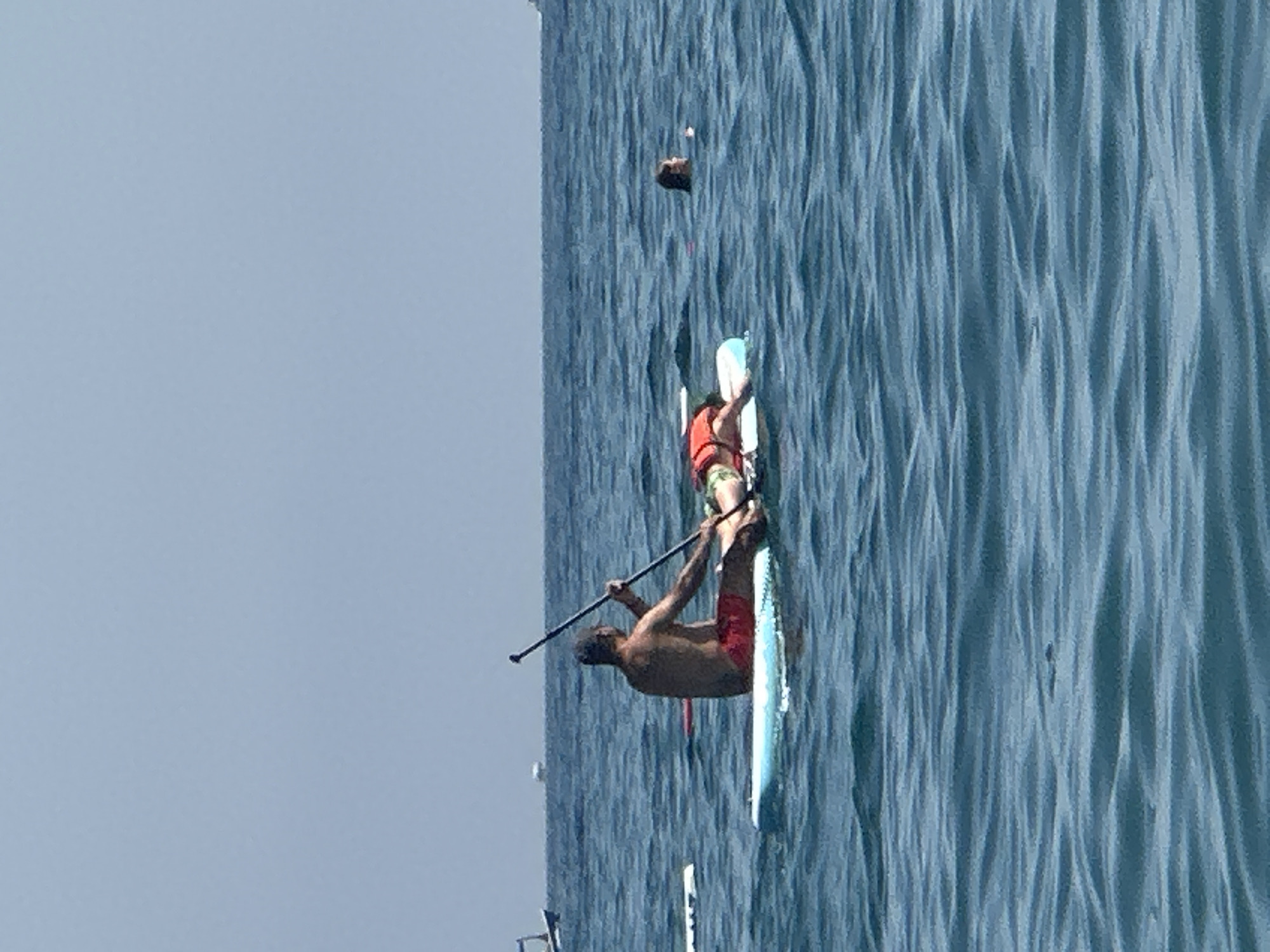 In the coastal waters of Boreti, Montenegro, two individuals are engaged in stand-up paddleboarding. A man, facing away from the camera and wearing red shorts, is seated on a paddleboard, holding a paddle. Beside him, another person, wearing an orange life vest and camouflage shorts, is lying prone on their paddleboard. Further to the right, a third person's head is visible above the water, appearing to be swimming. The sea is calm with gentle ripples, and the sky is a clear, light blue. In the distance, several boats are visible on the horizon.