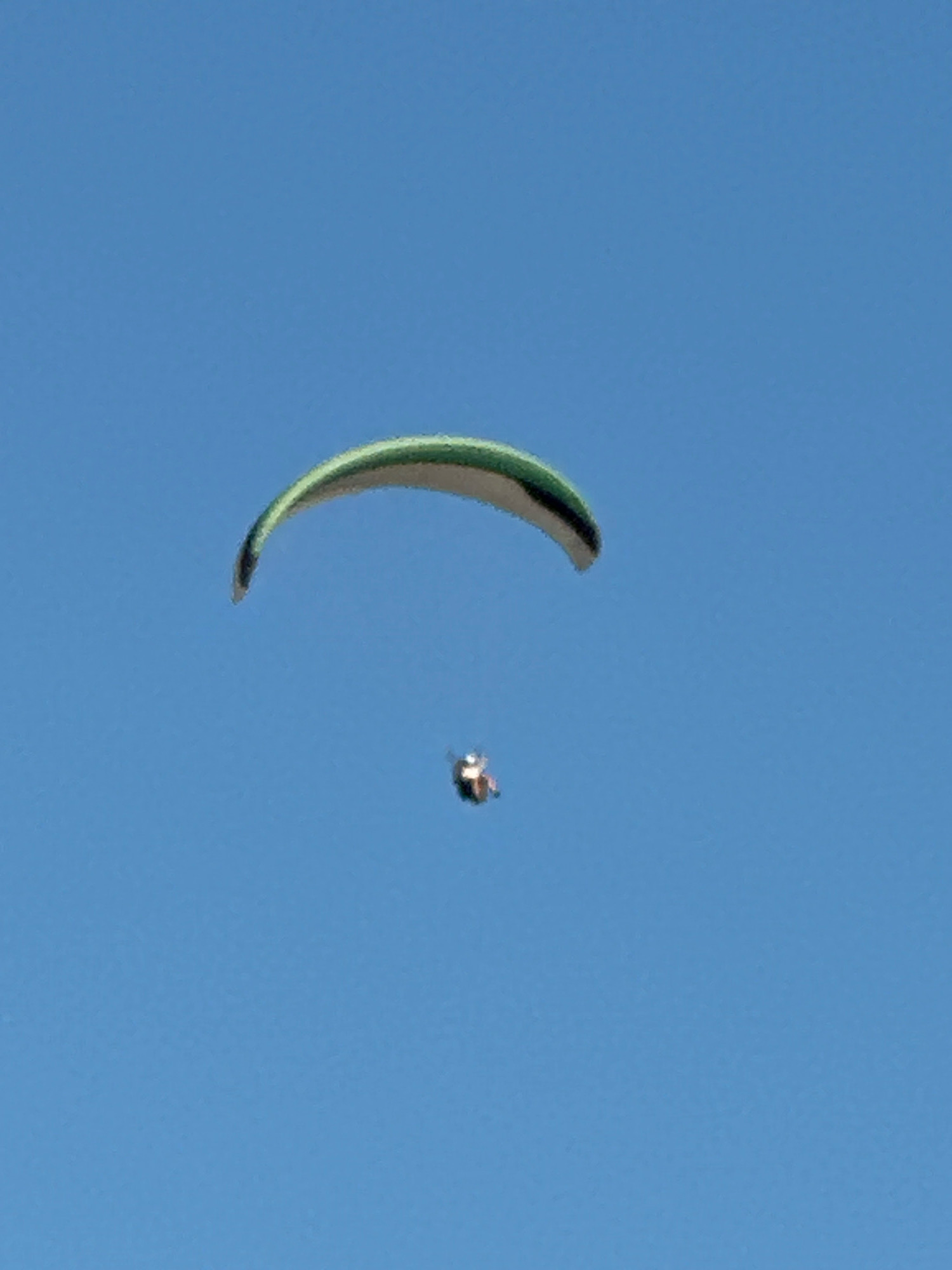 In the clear blue sky above Boreti, Montenegro, a paraglider soars. The paraglider's wing, predominantly green with a dark leading edge, is curved and taut. Directly beneath the wing, a small figure, presumably the pilot, is suspended. The pilot appears to be wearing a light-colored outfit. The overall scene depicts an individual engaged in recreational paragliding against a backdrop of an uninterrupted sky.