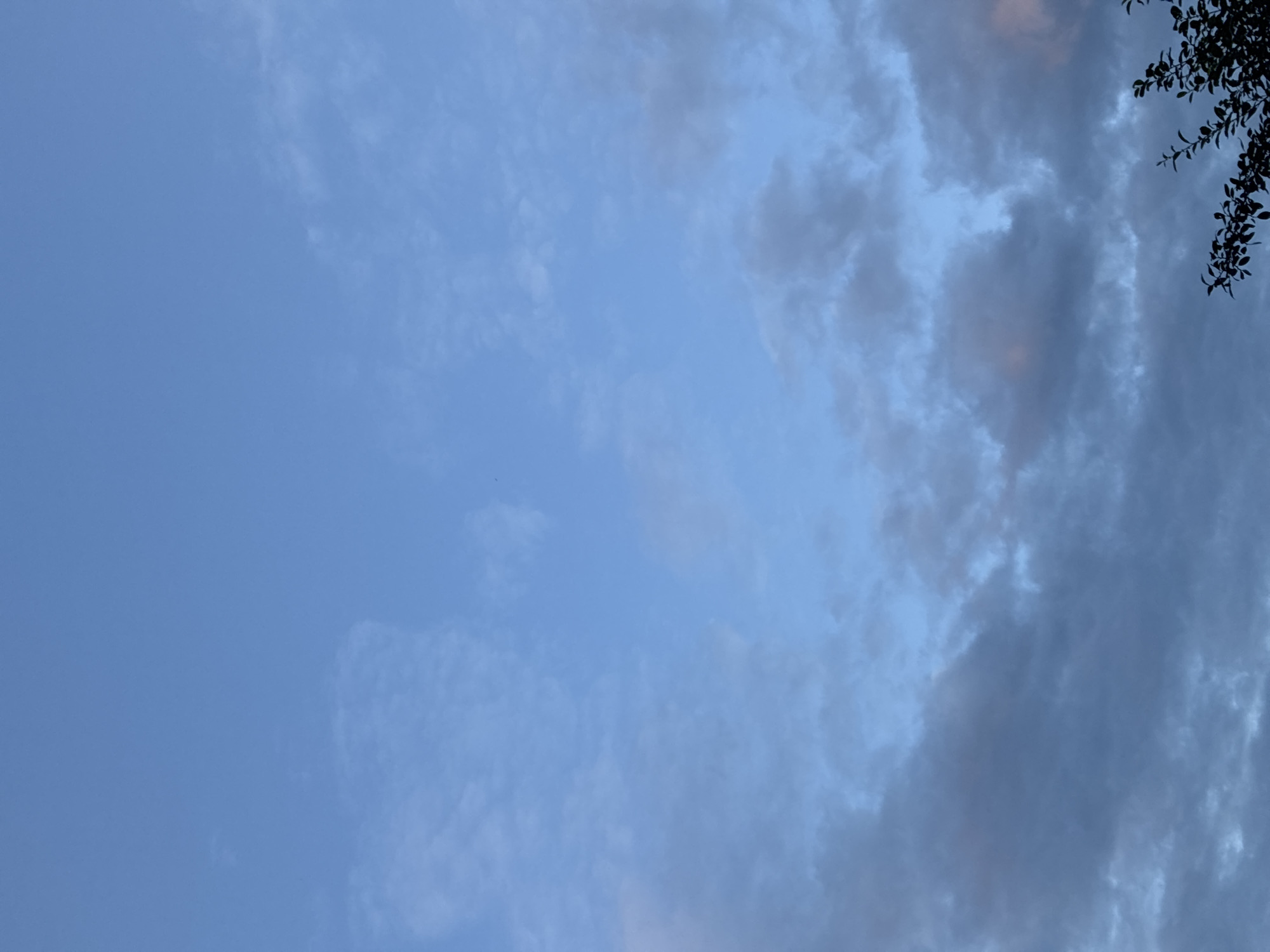 The image shows a sky with scattered clouds, primarily in shades of blue and gray, with a hint of pink in the upper right corner. The lower right quadrant of the image features the silhouette of tree branches against the sky. The scene is devoid of any human presence or specific urban landmarks, making it impossible to determine the exact location within Маркова, Russia, or any other city. The lighting suggests it may be during dusk or dawn.