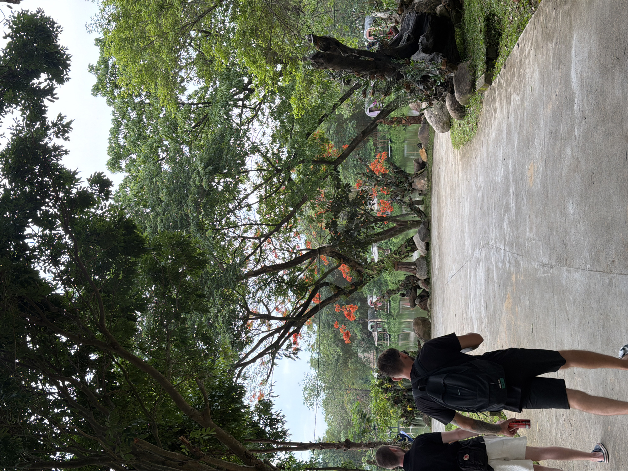 Two men walk along a concrete path in a park-like setting. The man on the left wears a black t-shirt and white shorts, carrying a red can in his right hand. The man on the right wears a black t-shirt and black shorts, with a black backpack. They are walking away from the camera, towards a body of water with several small structures on its edge. Lush green trees and bushes surround the area, with some trees displaying bright orange flowers. Large rocks are scattered along the path and near the water. The overall environment suggests a tropical or subtropical climate. The scene appears to be in the city of Khánh Vĩnh, Vietnam, known for its natural beauty and recreational areas.
