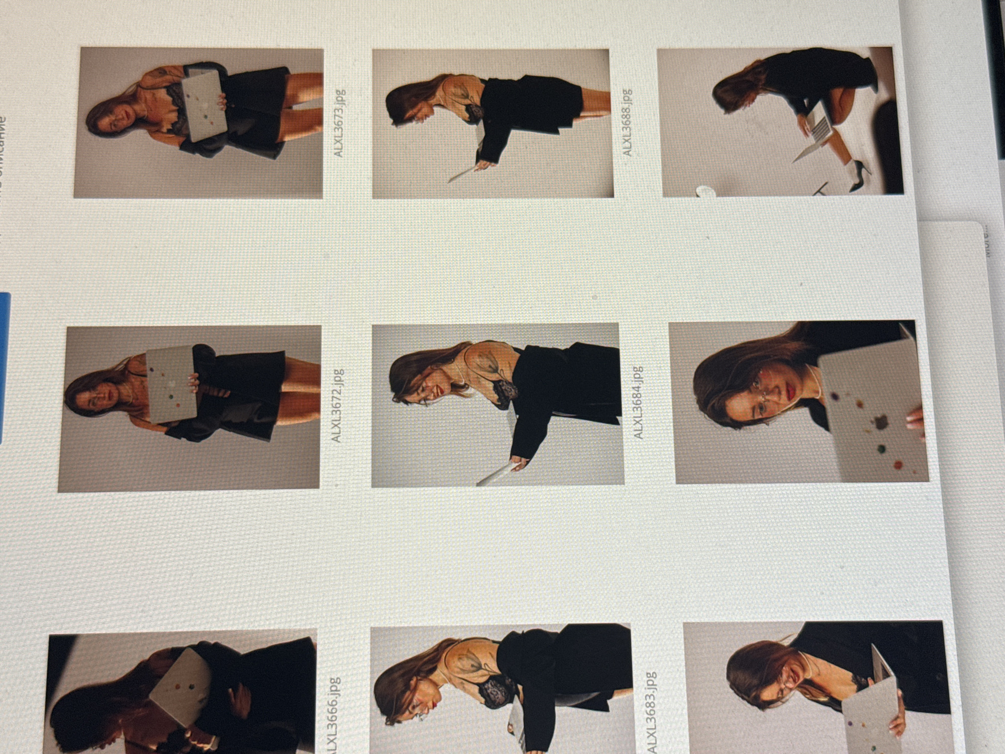 The image displays a grid of nine photographs, arranged in three rows and three columns. Each photograph features a young woman in similar attire: a black blazer worn over a black lace bralette and black shorts or a skirt. She is also wearing black high heels in some of the photos. She is consistently holding a laptop computer, varying in her pose and interaction with the device. The background in all images appears to be a plain, light-colored studio setting, possibly a white backdrop. There are no discernible elements in the image that would indicate a specific location within the city of Trap, Montenegro. The photographs are accompanied by file names, such as ALXL3666.jpg, ALXL3672.jpg, ALXL3673.jpg, ALXL3683.jpg, ALXL3684.jpg, ALXL3688.jpg, and others, suggesting they are part of a digital collection. The overall scene depicts a photoshoot or a collection of product images.