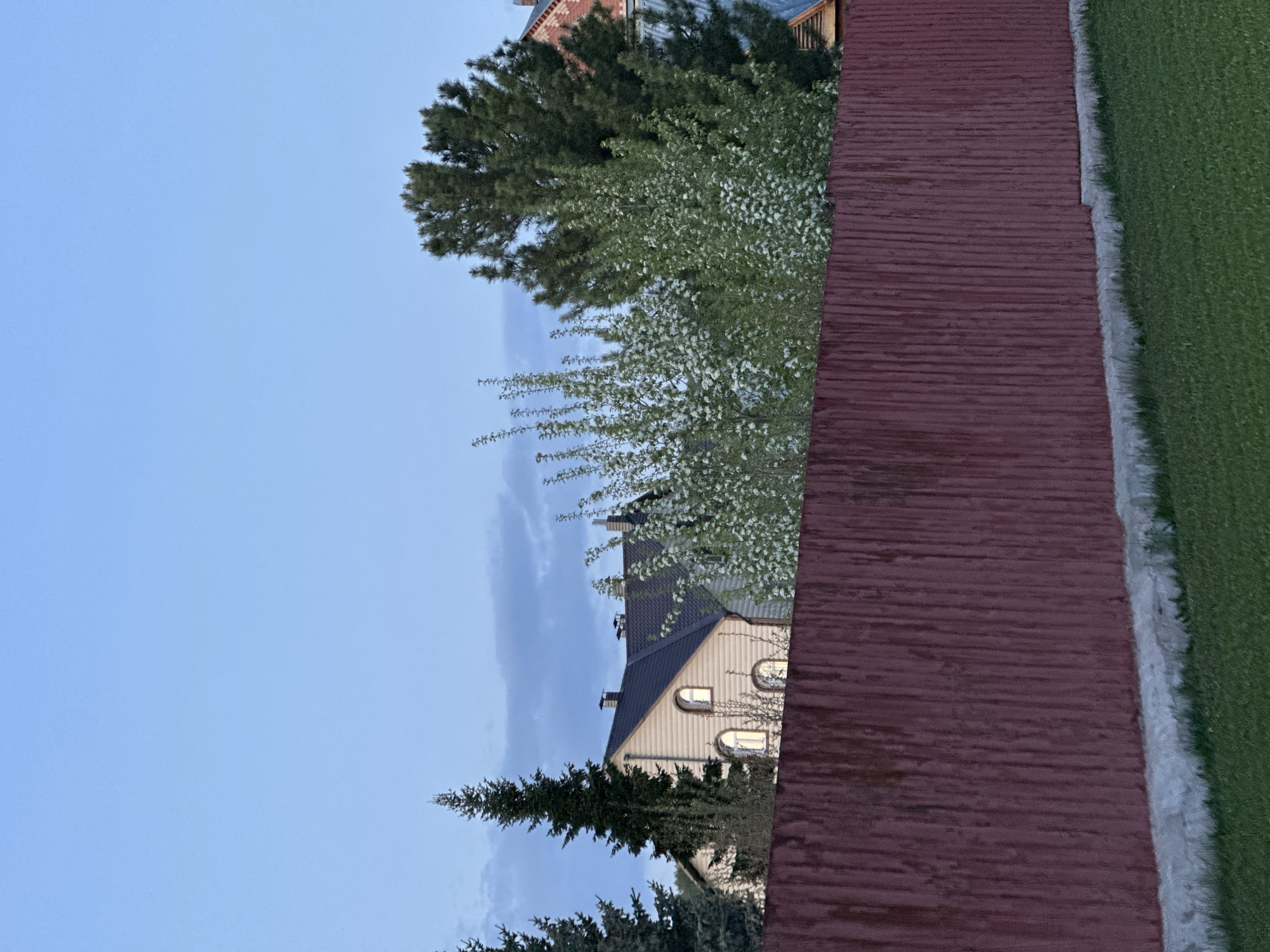 The image shows an outdoor scene under a blue sky, possibly near dusk. A building with a dark roof and light-colored walls is visible, featuring arched windows and chimneys. Trees, including evergreens and one with white blossoms, partially obscure the building. A red, corrugated surface is positioned on the right side of the frame, adjacent to a strip of green grass or lawn. The location is unknown, as is the presence of people or specific interactions.