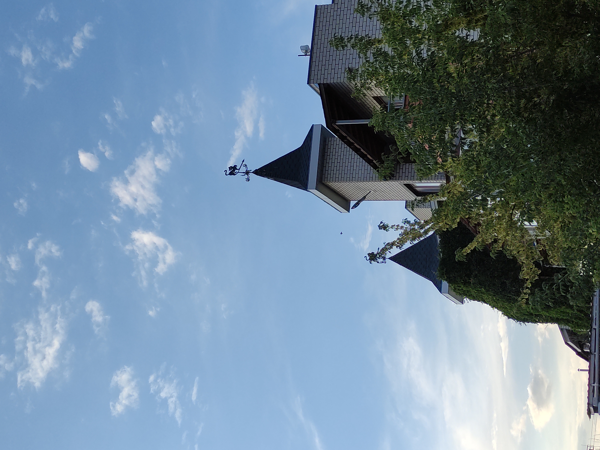 The image shows a residential building with a distinctive turret topped by a weather vane. The building is constructed of light-colored brick and has a dark-colored conical roof on the turret. Lush green foliage, likely trees and ivy, partially obscures the lower levels of the building. The sky above is a clear blue with scattered white clouds, suggesting pleasant weather. A small bird is visible in flight against the sky. The scene appears to be set in a suburban or semi-rural area, given the presence of the house and greenery. The specific location in the city of Semey, Kazakhstan, is not explicitly indicated by any landmarks or signage within the image itself, but the architectural style and the overall ambiance are consistent with residential areas in Kazakhstan.