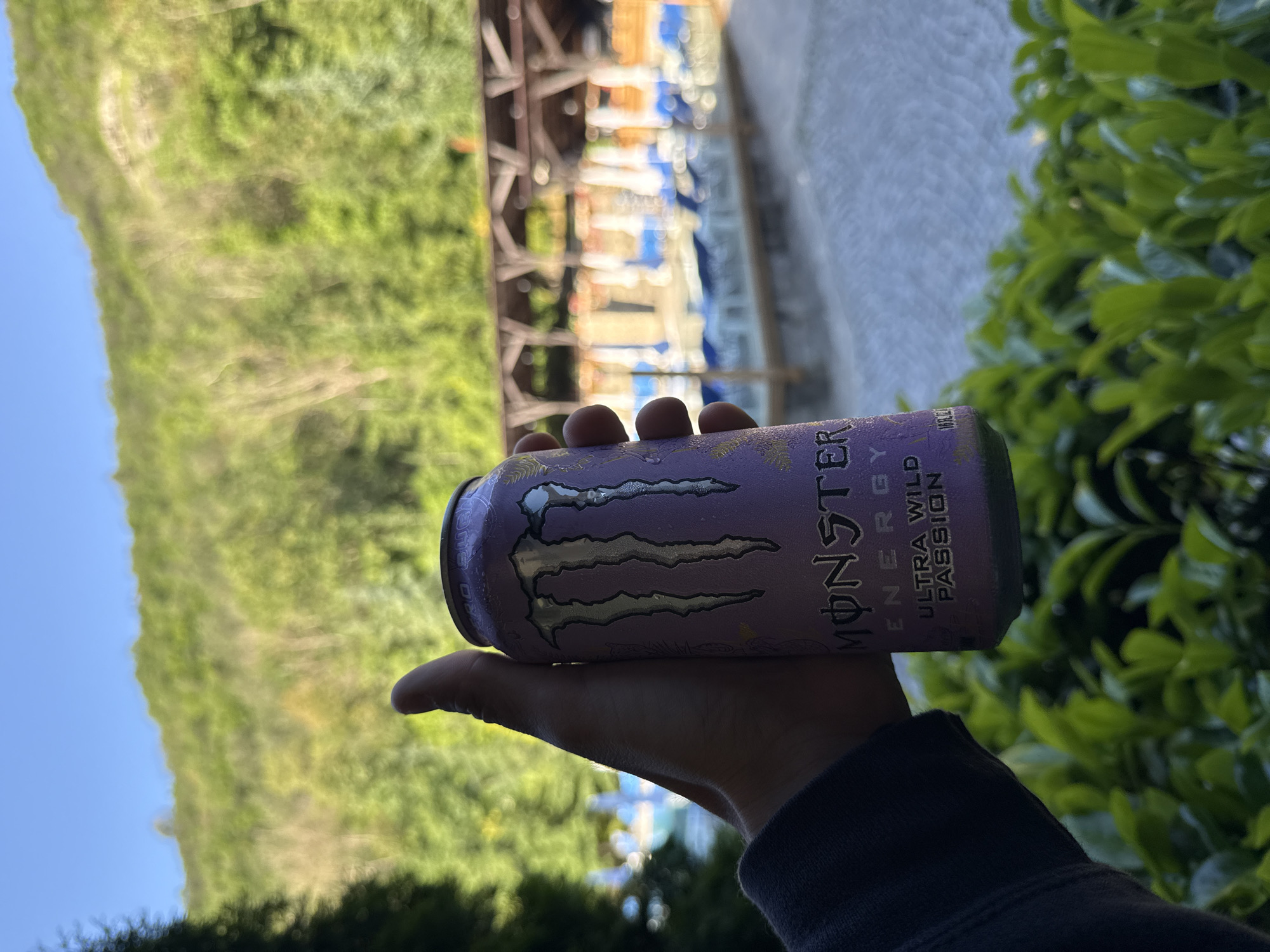 A person holds a purple Monster Energy Ultra Wild Passion drink can in their hand. The location appears to be Veliko Tarnovo, Bulgaria, based on the building in the blurry background, which has distinctive architectural details common in the city, and the surrounding natural vegetation. There's a mix of natural and urban elements in the scene. The background contains a forested hill under a blue sky. The close background has a roofed building, and the foreground includes greenery.