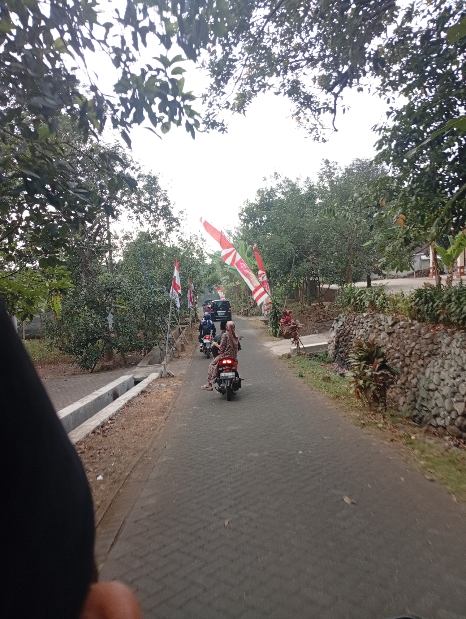 In Jatisari, Indonesia, on a paved road lined with trees, a group of people on motorcycles travels away from the camera. The scene is characterized by lush greenery and a bright sky. The road has a grey brick pattern, and to the left, a concrete drainage channel runs alongside the road. On the right side of the road, a stone wall is visible, decorated with plants. Several Indonesian flags, red and white, are planted along the roadside. Two motorcycles are the prominent subjects on the road, one with two individuals wearing headscarves and the other with a single rider. A black car is also visible further down the road. The image captures a typical village scene with cultural elements like flags indicating a potential celebration or patriotic event.