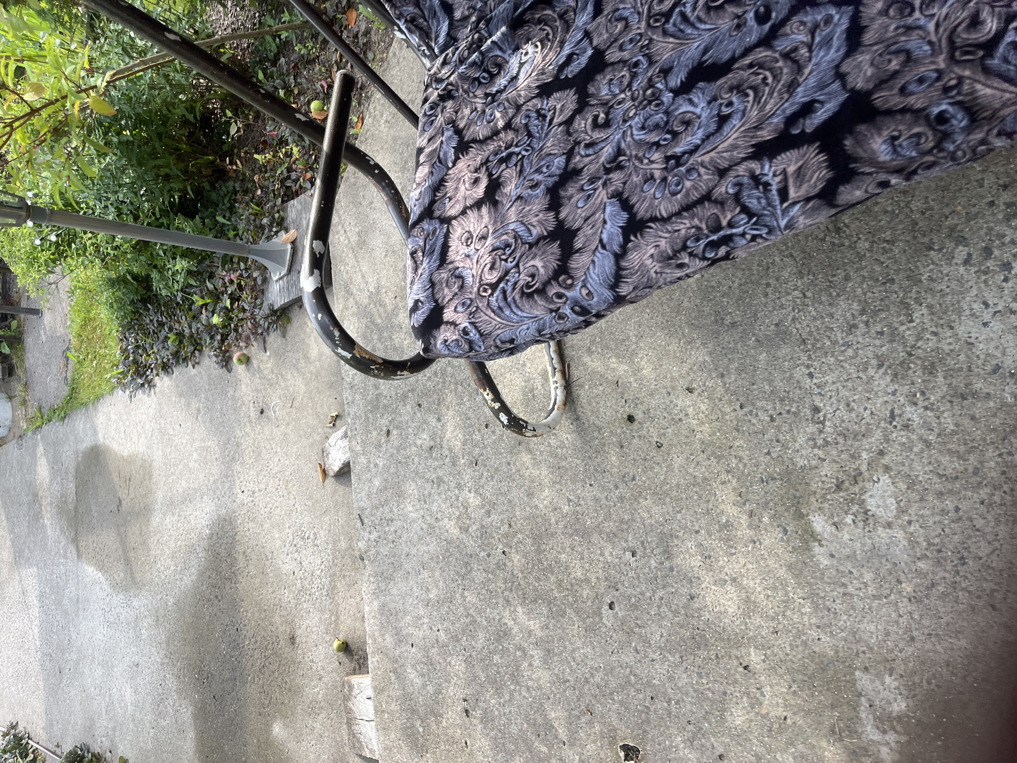 The image depicts a concrete pathway leading up to a set of concrete steps, with a swing set seat covered in a patterned fabric positioned in the foreground. The swing seat has a dark fabric with a repeating pattern of feathers in shades of grey, blue, and cream. The metal frame of the swing set is visible, appearing to be made of dark metal with some rust and peeling white paint.
To the left of the pathway and steps, there is a grey concrete surface with some damp patches and what appear to be scattered leaves and small, light-colored objects that could be small stones or debris. Two pieces of light-colored wood are placed on the first concrete step. Further up the pathway, more of the concrete is visible, with shadows cast across it.
To the right of the pathway and steps, there is a garden area with lush green foliage and some darker, reddish-purple plants. A tall, grey lamp post with a conical base stands among the plants. Several small, round, green objects, possibly fallen apples or fruit, are scattered on the ground near the pathway and within the garden. The overall environment suggests an outdoor setting, likely a backyard or garden area in a residential or rural location. The presence of the swing set, garden, and concrete pathway indicates a domestic or recreational space.
The image's context within Дзямідавіцкі сельскі Савет, Belarus, suggests a rural or semi-rural setting within that administrative region. The concrete pathways and steps are common features in such areas, as are garden spaces and outdoor furniture like swing sets. The presence of fallen fruit also aligns with a location where fruit-bearing trees might be present.