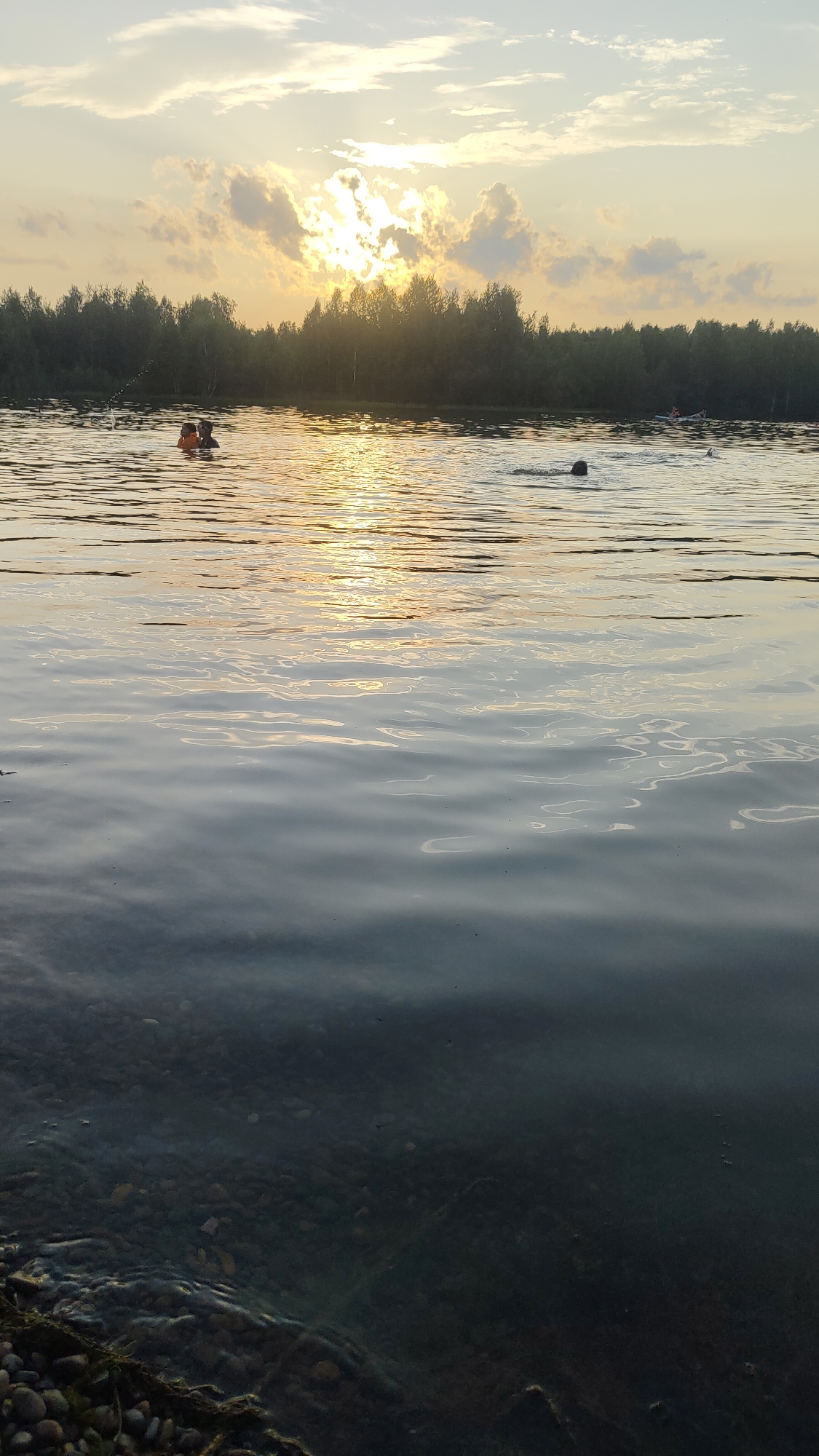 The image captures a serene sunset scene at a lake in Terent'yevo, Russia. The sky is a canvas of soft yellow and white clouds, with the sun peeking through, casting a golden shimmer on the water's surface. A line of trees forms a dark silhouette against the horizon. In the water, two individuals are visible near the foreground. One appears to be wearing an orange life vest and is partially submerged, possibly interacting with the other person who is also in the water. Further in the distance, other people can be seen on kayaks or paddleboards, enjoying the calm evening. The water itself is clear, allowing a glimpse of the pebbled lakebed near the shore in the lower portion of the frame. The overall atmosphere is peaceful and recreational.