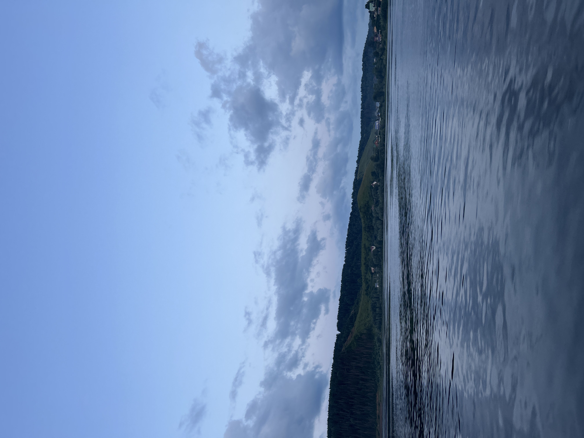 The image depicts a serene, expansive body of water at dusk, reflecting the soft hues of the twilight sky. The water surface is characterized by gentle ripples, creating a textured, dark blue expanse that occupies the lower half of the frame.
The horizon line is clearly defined by a distant, forested hillside. The hillside is predominantly covered in a dense, dark green forest, with lighter green slopes interspersed. Along the edge of the water and nestled within the greenery, several scattered buildings are visible, suggesting a small settlement or village. The architecture of these buildings is not detailed enough to discern specific styles, but they appear to be residential.
The sky above is a gradient of pale blue, transitioning from a lighter tone near the horizon to a deeper blue at the zenith. Scattered clouds are present, with some appearing wispy and light, while others are more substantial and shadowed, adding depth and texture to the sky. The overall lighting suggests either early morning or late evening, with the sun not directly visible.
The location is identified as Noviy, Russia. The scene conveys a sense of tranquility and natural beauty, characteristic of a rural or semi-rural environment along a river or large lake. No people or animals are visible in the image. The focus is on the natural landscape and the atmospheric conditions of the evening sky.