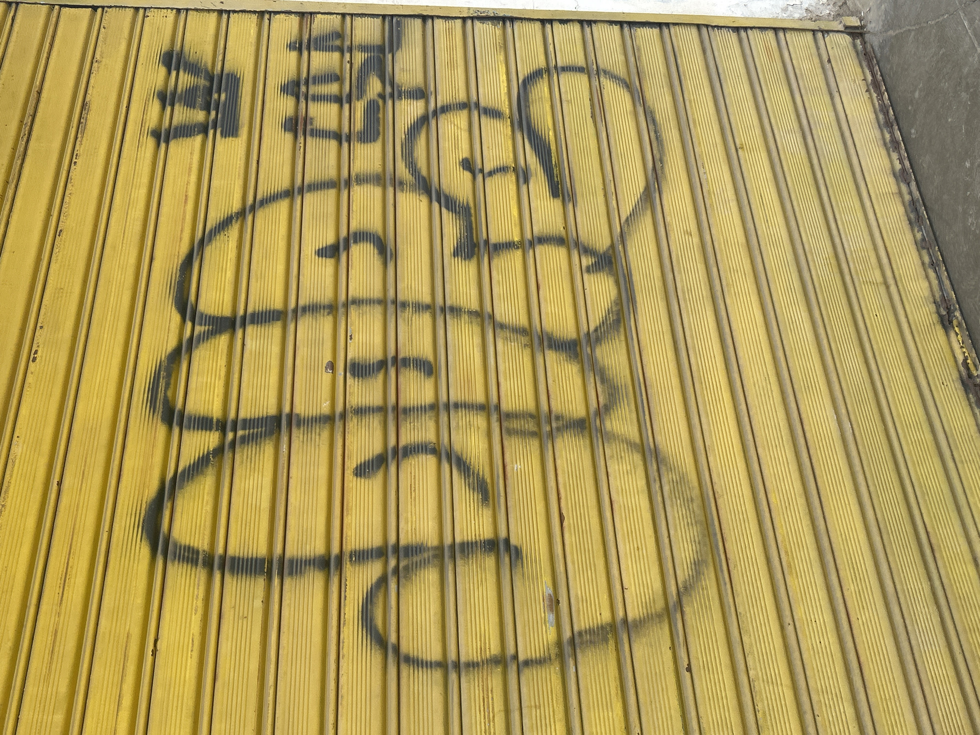 A yellow metal corrugated roll-up door in Santa Ana, Venezuela, is defaced with black spray-painted graffiti. The graffiti appears to be in a stylized script, with some letters forming loops and swirls. A small, crown-like symbol is spray-painted on the upper right portion of the door. The door is weathered and shows some signs of rust along the bottom edge. The surrounding environment is not visible, but the door suggests an urban commercial setting.