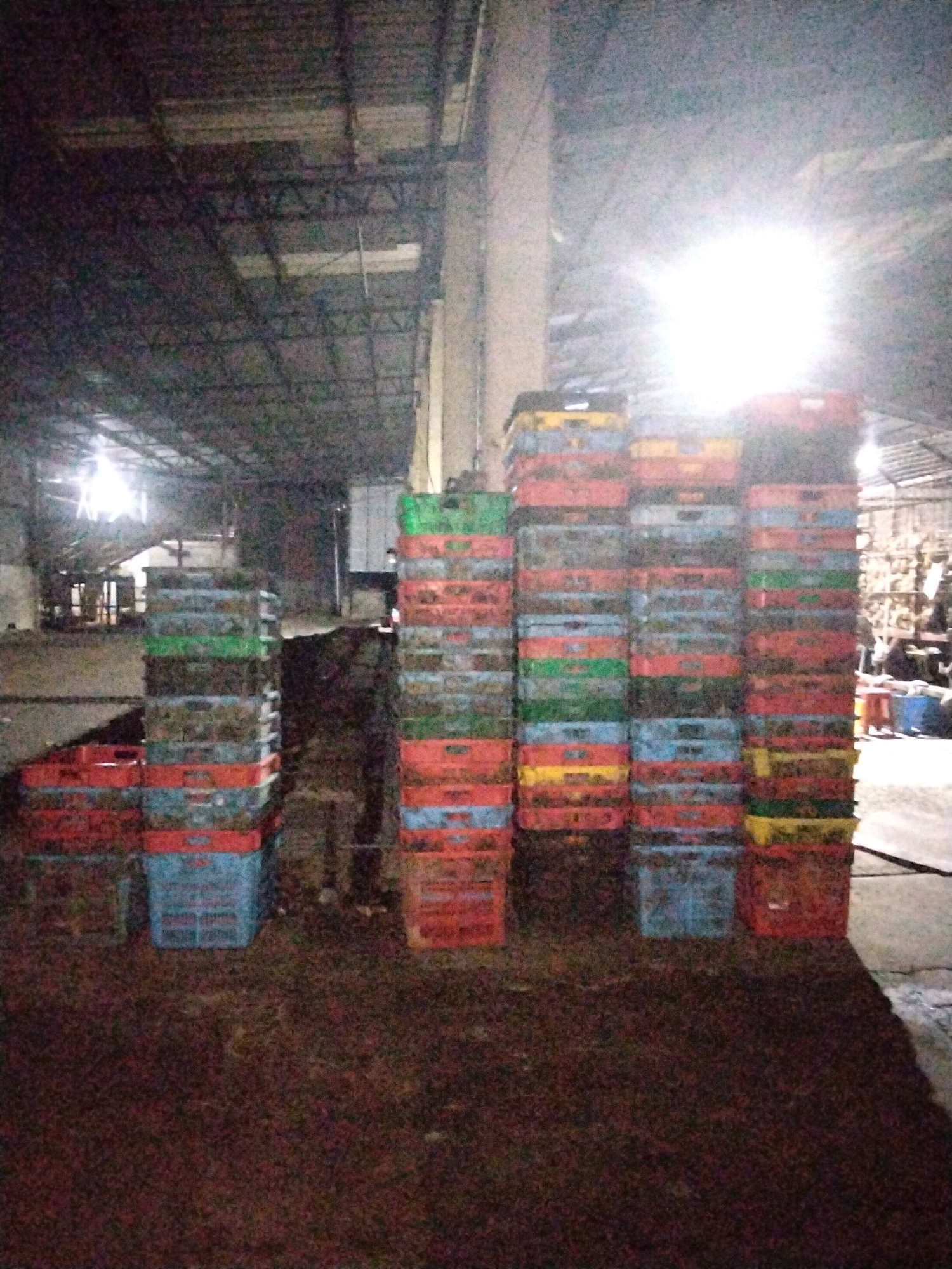 The image depicts an indoor storage area, likely a warehouse or market, in Moro, Indonesia. Stacks of colorful plastic crates are prominently displayed, arranged in tall columns. The crates vary in color, including blue, red, green, yellow, and black. The environment appears industrial, with exposed metal beams and a corrugated metal roof visible in the background. Natural light, possibly from skylights or open doorways, illuminates the scene, casting bright glare in some areas. The floor is covered with a dark, granular material, possibly soil or debris. The overall impression is one of organized storage, though the lighting and somewhat cluttered appearance suggest a functional rather than aesthetic setting.