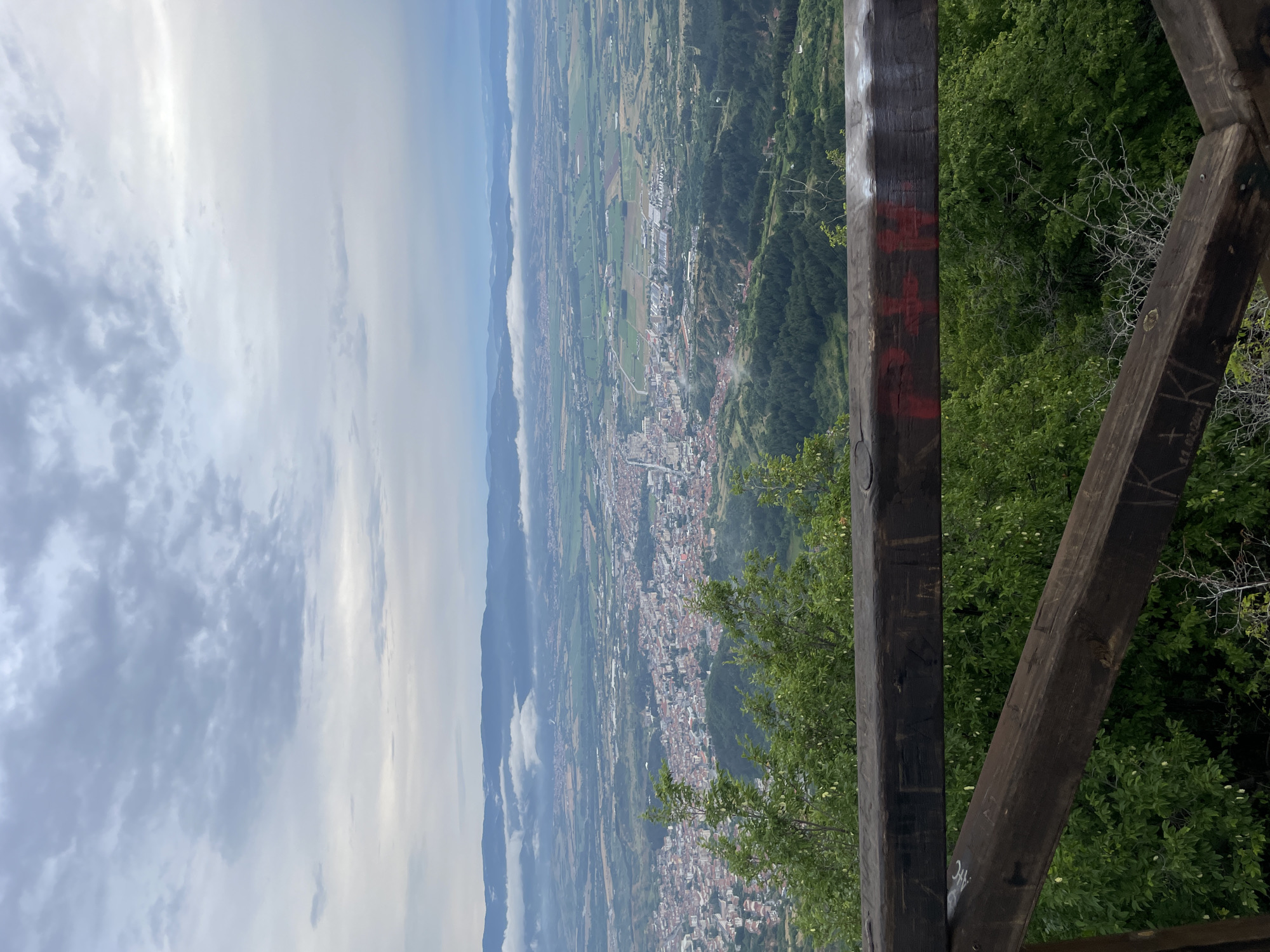 An elevated, wide-angle, overcast view captures a sprawling city nestled within a valley, viewed from a wooden observation deck. The foreground features dark, weathered wooden railings with some graffiti visible, including red markings on the upper rail and etched symbols on the lower rail. Lush green trees and foliage are prominent in the immediate foreground and along the slopes leading down to the city. The city itself, characterized by its densely packed buildings with red-tiled roofs, extends across the valley floor. Beyond the city, agricultural fields and rolling hills form a textured landscape, fading into the distance where a range of hazy mountains under a cloudy sky concludes the scene. The overall atmosphere is serene and slightly muted due to the overcast conditions. This vantage point overlooks the city of Delčevo, Bulgaria.