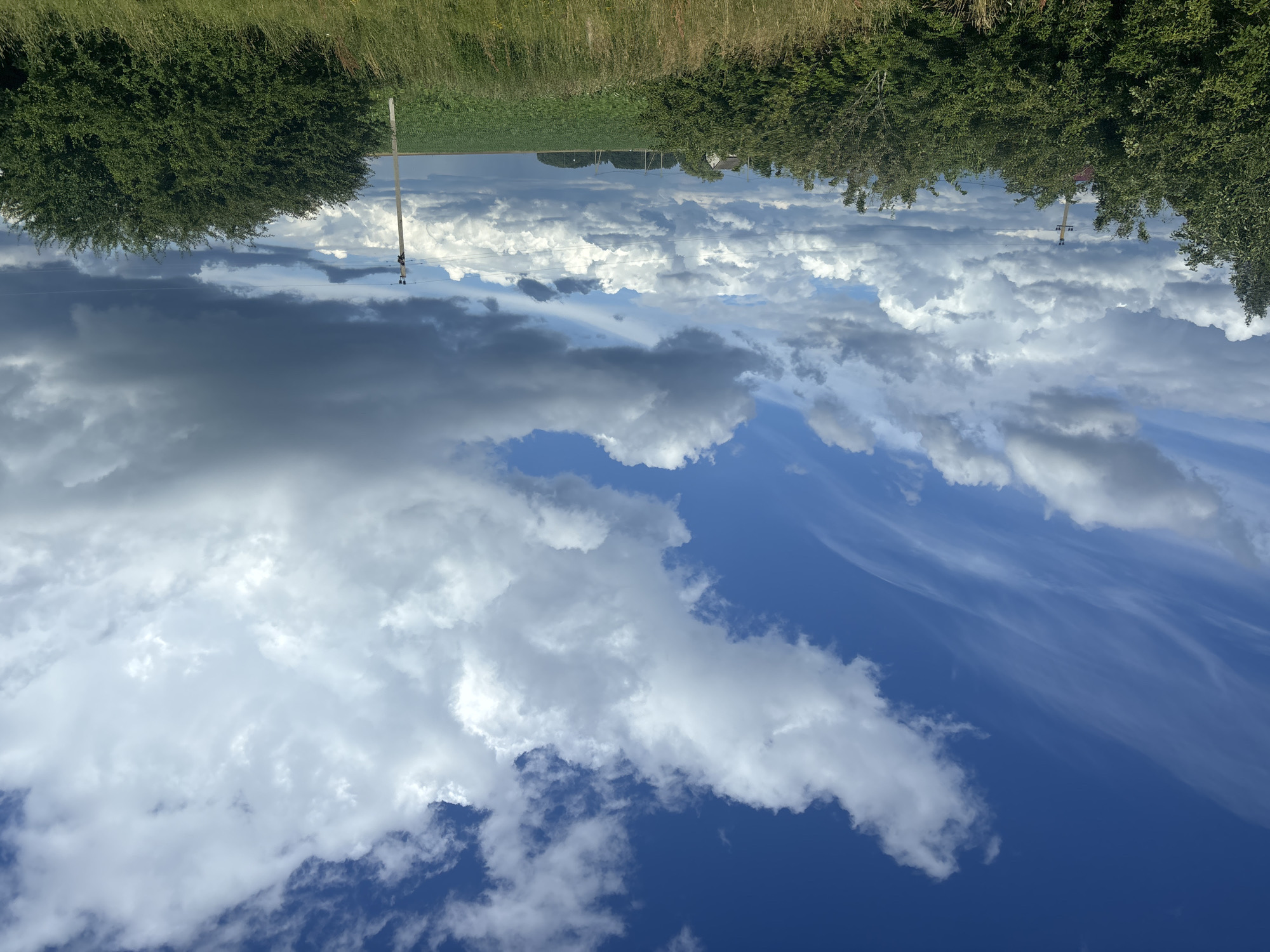 The image depicts a rural landscape under a dynamic sky, likely in the vicinity of Грозаўскі сельскі Савет, Belarus. The foreground features lush green trees and tall dry grass. A field of green crops stretches towards the horizon, where a few scattered houses and trees are visible. Utility poles with wires traverse the middle ground. The sky is a dominant element, filled with a mix of bright white cumulus clouds and darker, more ominous storm clouds, contrasted against a bright blue sky. The overall impression is one of natural beauty and an impending change in weather.