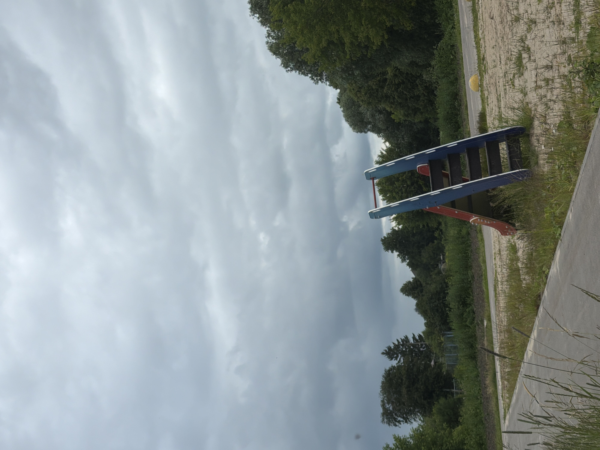 In the city of Unknown, Unknown, on a cloudy day, a playground slide with blue and red accents stands in a sandy area next to a paved path. Tall green trees and foliage surround the scene, with more trees in the background. The sky is overcast and grey.