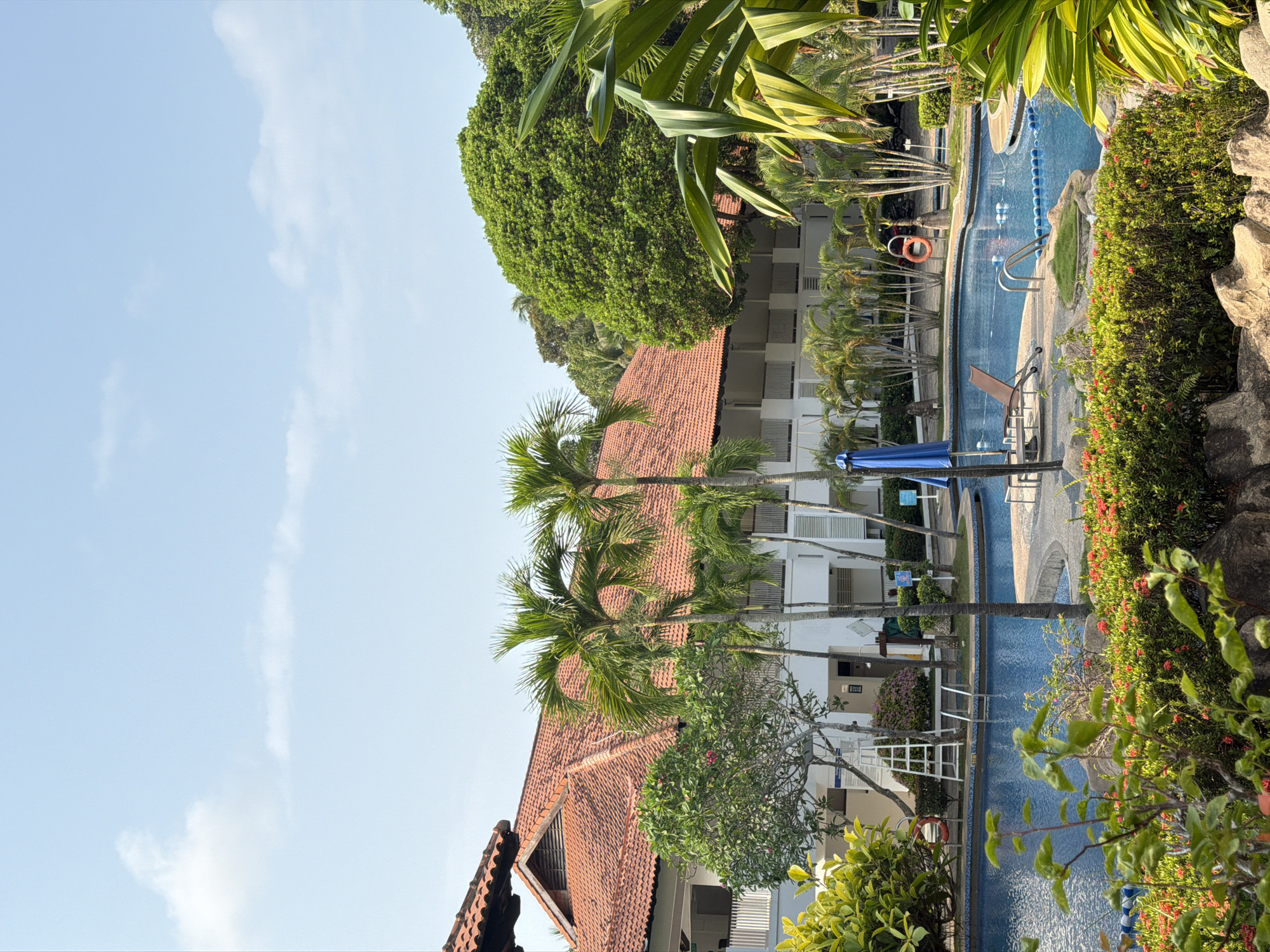 The image depicts an outdoor swimming pool area at a resort, likely in Batam, Indonesia. The pool is a vibrant blue, with a curved design and steps leading into it. Several lounge chairs are placed around the pool, some with umbrellas for shade. Palm trees and lush green foliage surround the pool, creating a tropical ambiance. In the background, a white building with a terracotta-tiled roof is visible, suggesting it's part of the resort accommodation. The sky is clear and blue with a few wispy clouds. There are no people visible in the scene. The overall impression is one of a serene and relaxing vacation setting.