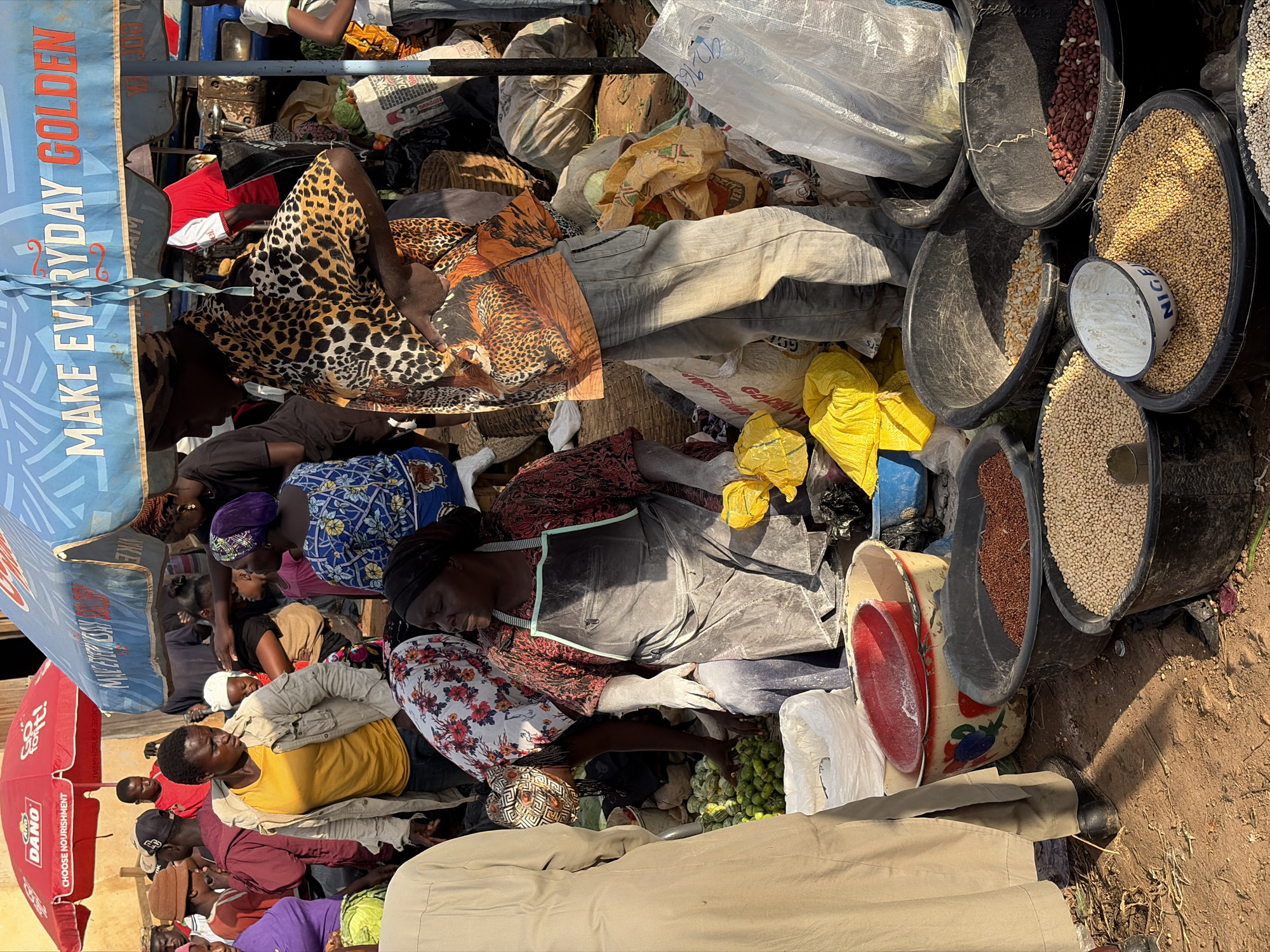 A busy outdoor market scene unfolds in Gura Top, Nigeria, with vendors and shoppers mingling under a bright, sunny sky. Several large umbrellas provide shade, one a vibrant red with the "DANO" logo, and another blue with the slogan "MAKE EVERYDAY GOLDEN."
A woman in a yellow shirt and light-colored jacket is positioned centrally, looking towards the right. To her right, a woman wearing a black headscarf and an apron is seated, her hands covered in white powder. Her apron is black with a red patterned shirt peeking out from underneath. In the foreground, various containers overflow with grains and legumes. Two large black basins hold reddish-brown beans and lighter colored small beans, respectively. Another black basin contains a mix of yellow corn kernels and small white beans. A smaller white bowl, labeled "NIGERIA," sits atop a basin filled with small, light brown grains. To the left, a person in a tan robe stands, facing away from the camera.
Behind the seated woman, a person wearing a leopard-print shirt with images of cheetahs and an orange top is visible. They are wearing light-colored pants. In the background, other individuals can be seen browsing and interacting, with piles of goods and baskets scattered around. The ground is a mixture of dirt and straw. The overall impression is one of lively commerce and community activity within a typical Nigerian marketplace.