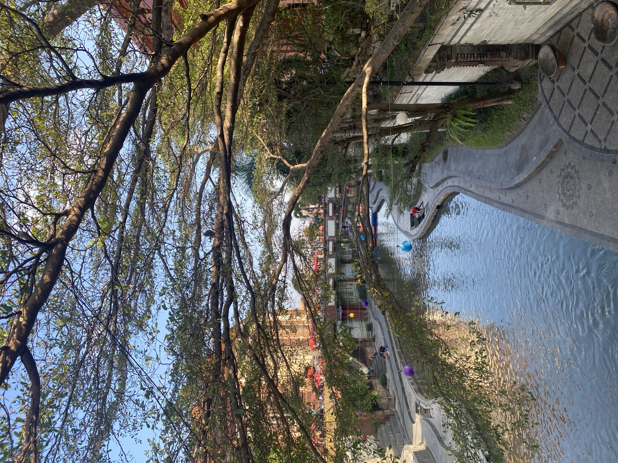 The image captures a scenic view of the Tukad Badung riverfront in Denpasar, Indonesia, bathed in the warm glow of late afternoon sunlight. Large, mature trees with spreading branches cast dappled shadows across the scene, framing the waterway. The river itself is a calm, reflective surface, bordered by concrete pathways and terraced steps on either side.
On the left bank, a set of wide, stone steps lead down to the river, with people seated on them, enjoying the ambiance. Colorful spherical decorations, purple and white, are suspended from branches and along the riverbank, adding a festive touch. In the background, buildings with reddish-brown tiled roofs are visible, along with a bridge spanning the river. Red umbrellas suggest outdoor seating areas, possibly cafes or restaurants.
On the right bank, a more developed promenade features intricate stone paving patterns. A single lamppost stands sentinel near a section of a white-washed brick wall, adorned with an architectural detail of darker brickwork. Lush green grass and ferns grow alongside the pathway, contrasting with the urban elements. A person in a red shirt can be seen working near the edge of the river on this side. Several empty, shallow ceramic pots, possibly for plants or decorative elements, rest on the paved area.
Two small, flat-bottomed boats are moored in the river, and in the distance, other individuals can be seen enjoying activities on the water. The overall impression is one of a well-maintained urban recreational space, vibrant and inviting.