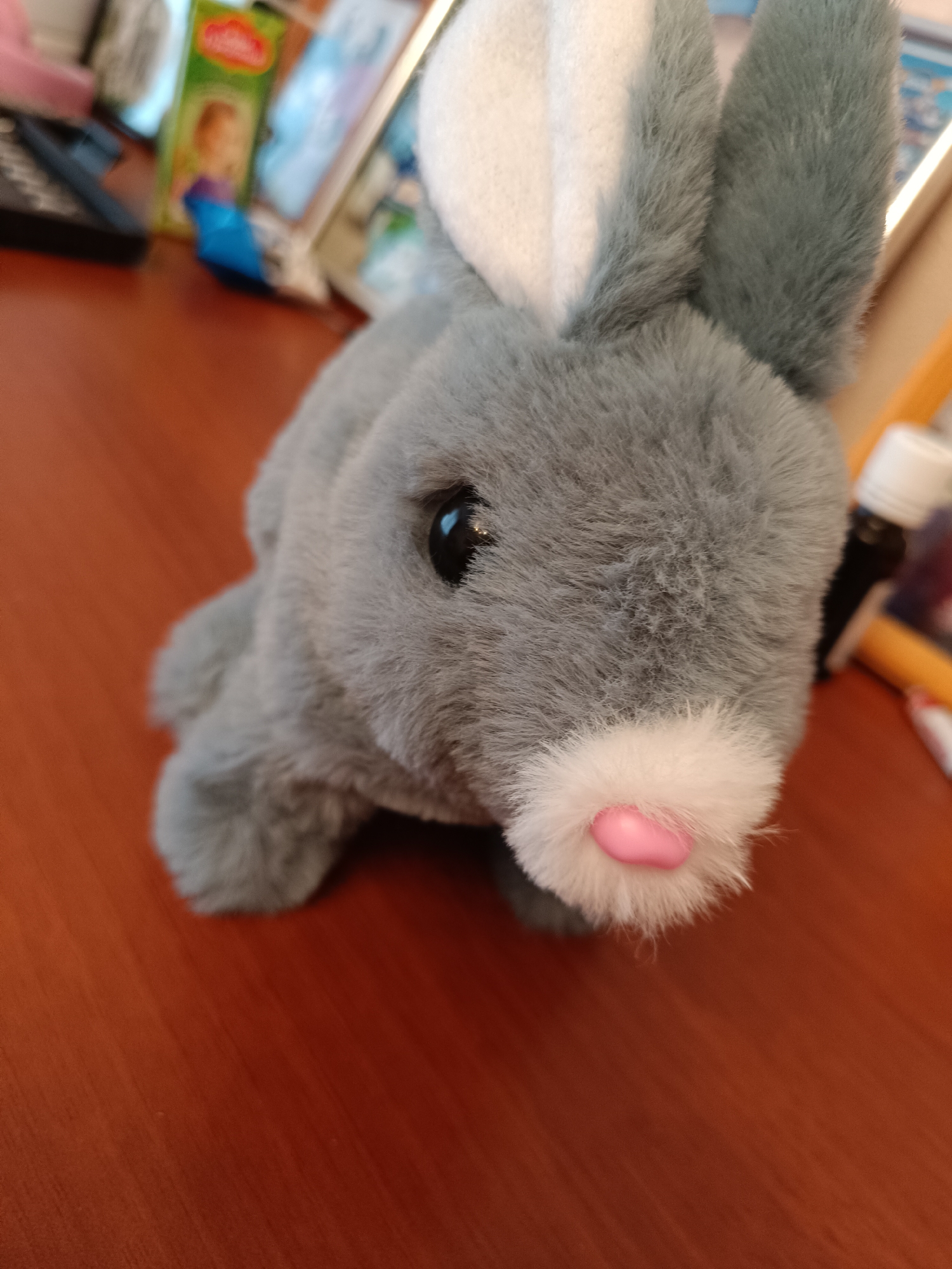 A close-up shot of a gray stuffed bunny on a wooden table. The bunny has white inner ears and a white nose with a pink nose. Its fur is short and fluffy. A green box and other objects are visible in the blurred background. The location is unknown and unrelated to Tobolsk, Russia.
