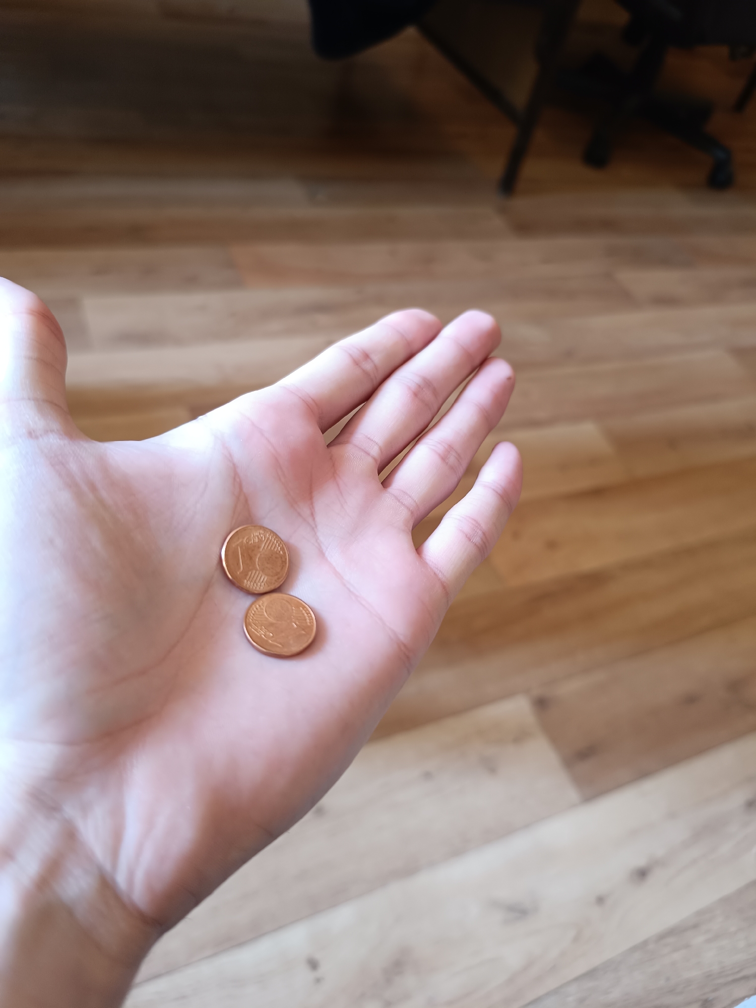 A fair-skinned human hand is held palm-up. Two copper-colored Euro cents are resting in the palm. The coins are 1 cent Euro coins. The background shows a wood-patterned surface, possibly a floor, and a black chair partially visible in the upper background. No other information is available to identify the location as Sofia, Bulgaria.