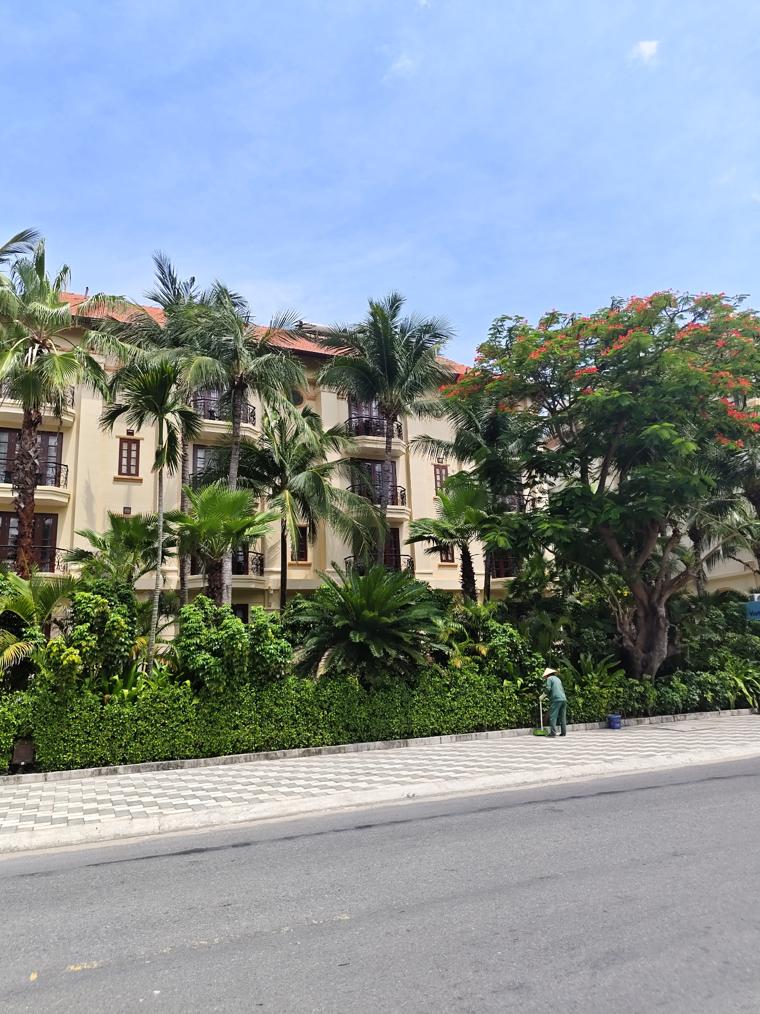 A person wearing a green uniform and a conical hat is sweeping a sidewalk. The sidewalk is paved with light and dark grey square tiles arranged in a diamond pattern. A blue bucket is next to the person. Behind the sidewalk is a lush green hedge. Beyond the hedge is a light yellow building with several floors and balconies. Palm trees and other tropical foliage surround the building. A large tree with red flowers is to the right of the building. The sky is blue with a few white clouds. The scene appears to be outdoors in a tropical or subtropical urban environment.