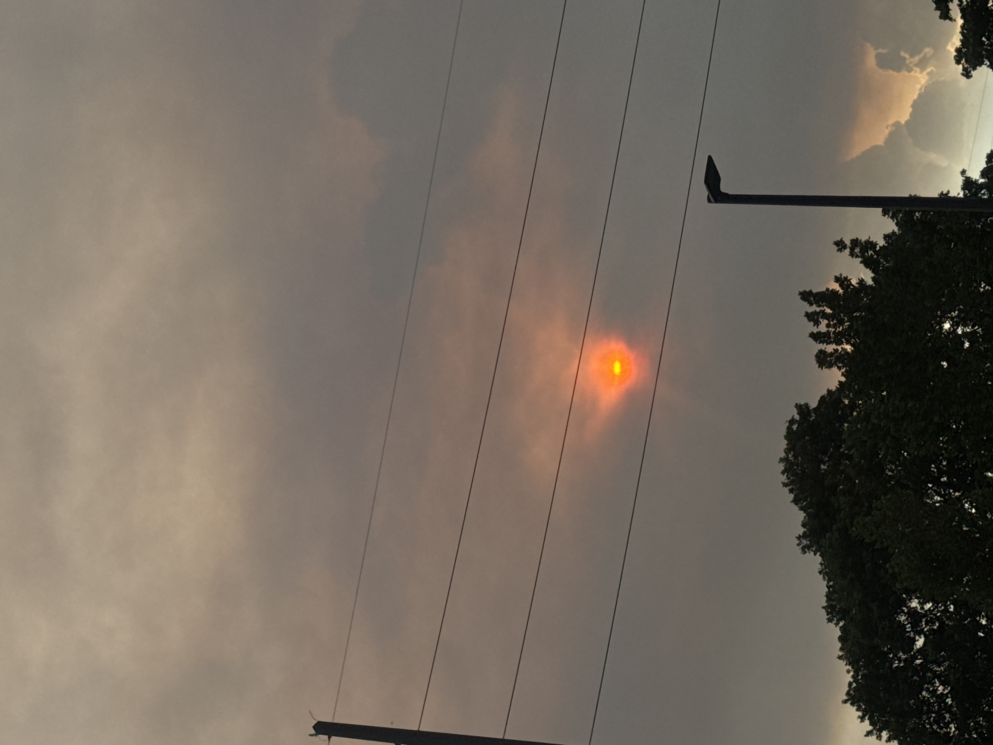 A photograph captures a hazy sky with the sun appearing as an orange-red disc partially obscured by clouds. Multiple power lines stretch horizontally across the frame, with a utility pole visible on the left. In the lower portion of the image, the dark green canopy of trees is prominent, and a lamppost stands on the right side. The overall scene suggests an outdoor environment, possibly in a semi-urban or suburban area, under overcast or smoky conditions.