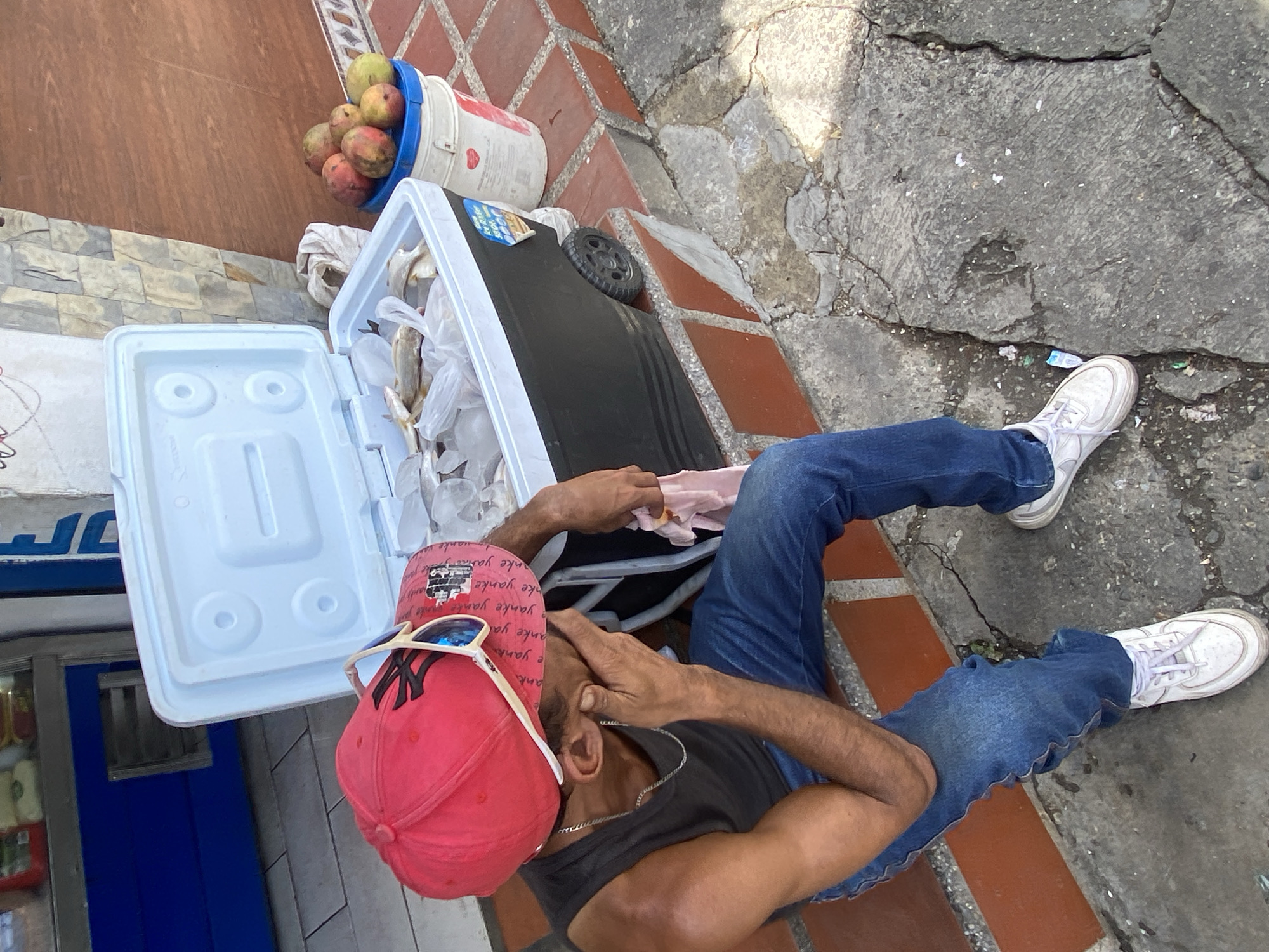 A man sits on a raised brick ledge, his face partially obscured by his hand, wearing a red baseball cap, a dark sleeveless shirt, and blue jeans. In front of him, an open cooler filled with ice and fish rests on the ledge. To the right of the cooler, a blue bucket topped with a white bucket holds several mangoes. The scene appears to be on a street in San José de Barlovento, Venezuela, with a building facade and tiled floor visible in the background.