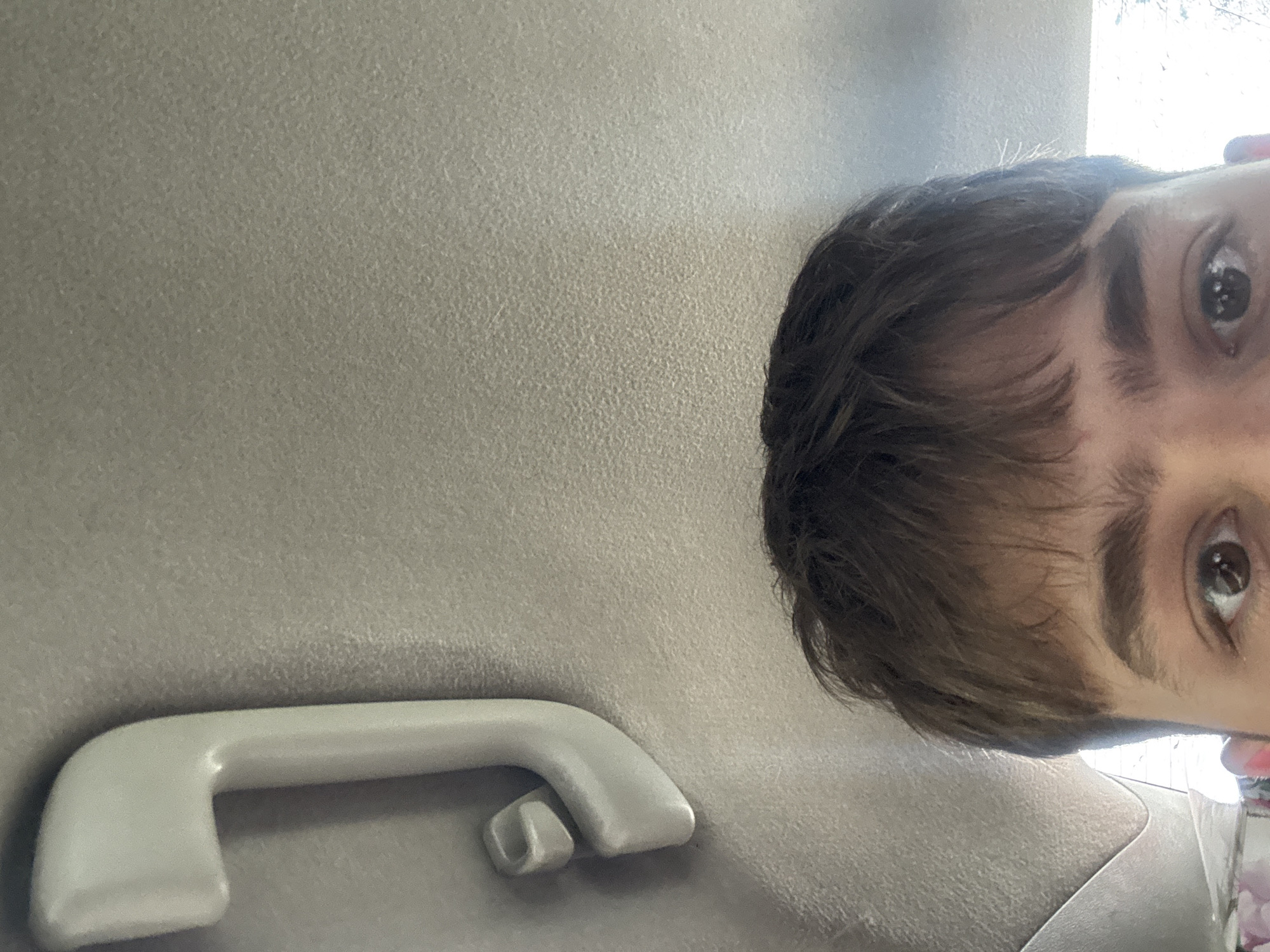 The image is an extreme close-up of a person's face, with only their forehead, eyes, and the top of their head visible. The person has brown hair and brown eyes. The background is a textured, light-colored surface, possibly the ceiling of a vehicle. To the left of the person's head is a white plastic handle, commonly found in cars. The lighting suggests the image was taken indoors, possibly in daylight given the subtle illumination in the background. There is no visible indication of the city of Birobidzhan, Russia.