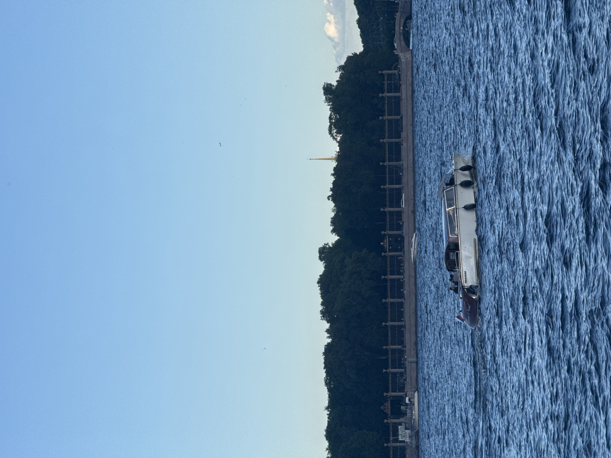 The image captures a serene scene on a body of water, likely a river or canal in Saint Petersburg, Russia, given the architectural style of the distant buildings and the characteristic spire visible on the skyline. A modern, white motorboat with a dark trim is the central focus, navigating through the rippling blue water. The boat appears to have at least two people onboard, one in the captain's position. The stern of the boat displays a Russian flag and the name "Nord."
In the background, a lush green tree line forms a dense canopy along the waterfront, behind which a long, ornate fence with decorative elements and gates is visible. Beyond the trees, the distinctive golden spire of a historical building pierces the clear blue sky, suggesting a landmark like the spire of the Peter and Paul Fortress. The sky is a soft gradient of blue, with a few wispy white clouds scattered near the horizon. The overall impression is one of a calm summer day, with the boat creating gentle wakes as it moves across the water.
