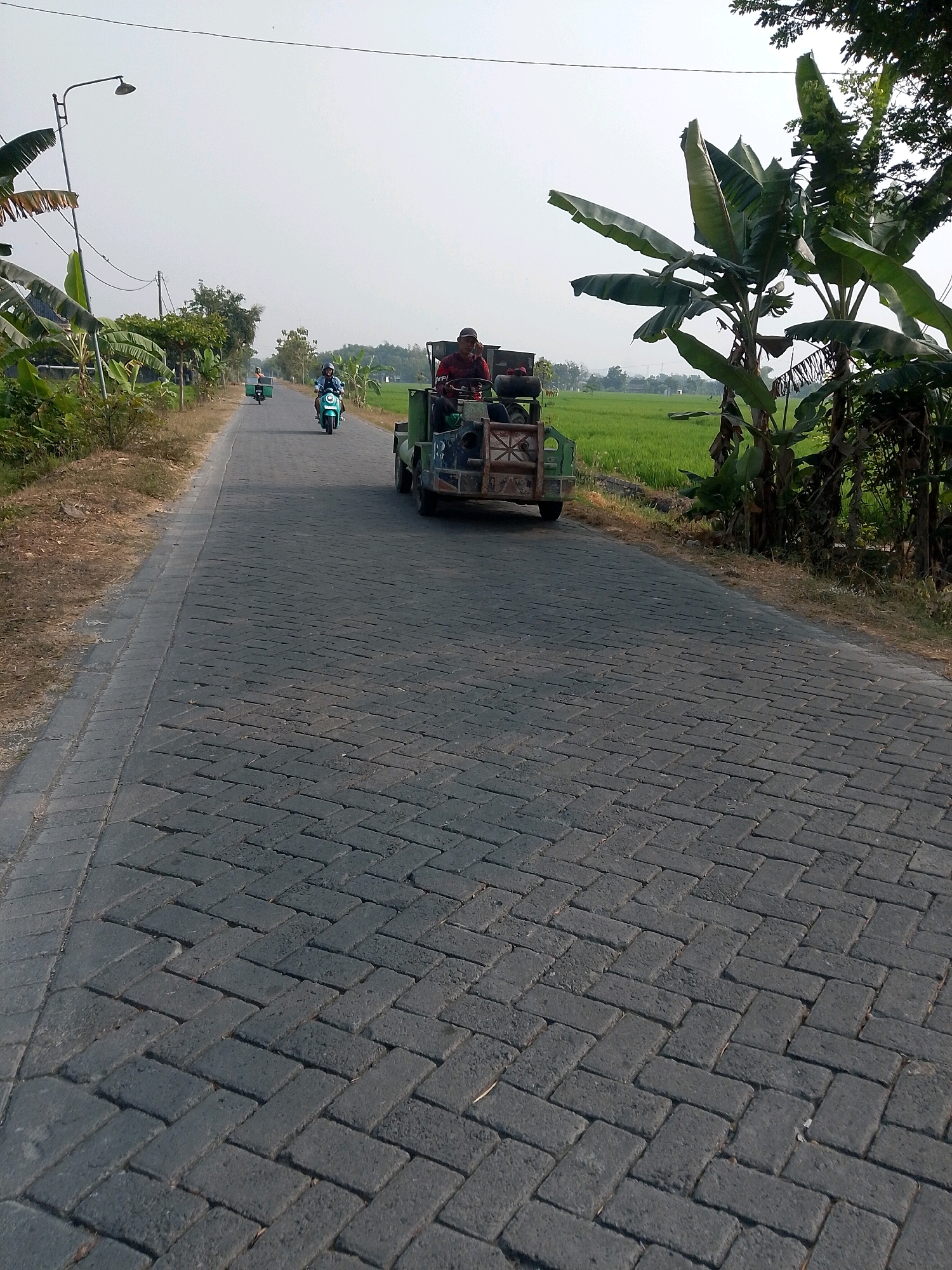 In Bintoyo, Indonesia, a paved road made of grey interlocking bricks runs through a rural landscape under a clear, hazy sky. On the right side of the road, lush green rice fields stretch towards the horizon, bordered by tall banana trees and other vegetation. A man is driving a small, green utility vehicle with a canopy, heading towards the viewer. The vehicle appears to be carrying some cargo in the back. Ahead of the utility vehicle, a person is riding a teal-colored scooter, also traveling away from the viewer. Further down the road, another scooter is visible, and beyond that, a light pole stands on the left side of the road, near a patch of dry grass and some trees. The scene depicts a typical day in a rural Indonesian setting, with local transportation and agricultural landscapes.