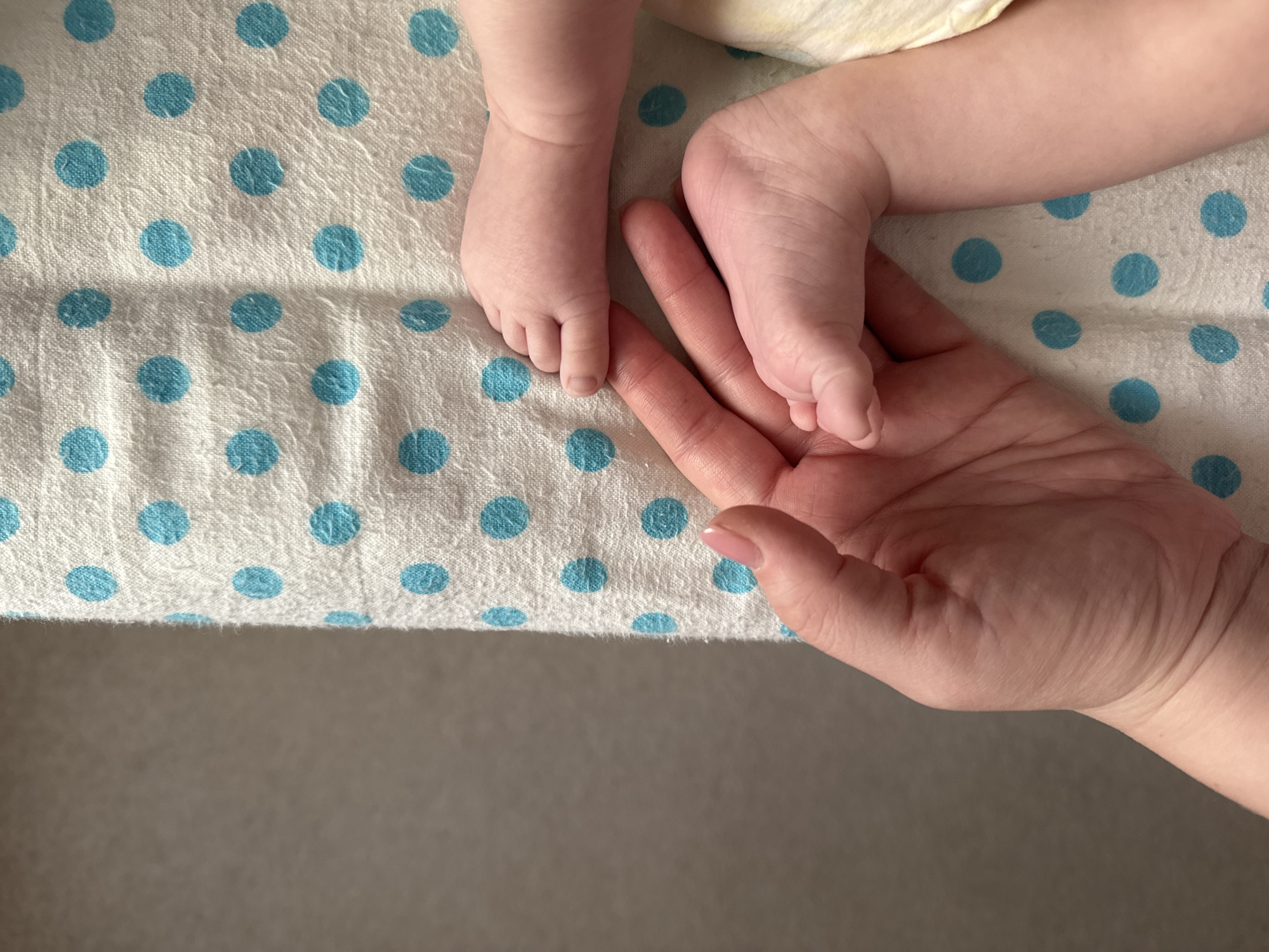 A close-up shot depicts a baby's feet resting in an adult's hand. The baby's skin is soft and pink, the toes tiny and delicate. The adult's hand is pale, with short, neatly manicured nails. The backdrop is a white sheet with a pattern of blue polka dots. The lower portion of the frame shows a plain, grey surface beneath the patterned sheet. The image has a soft, gentle quality, with the focus primarily on the infant's feet and the hand. The location is unknown.