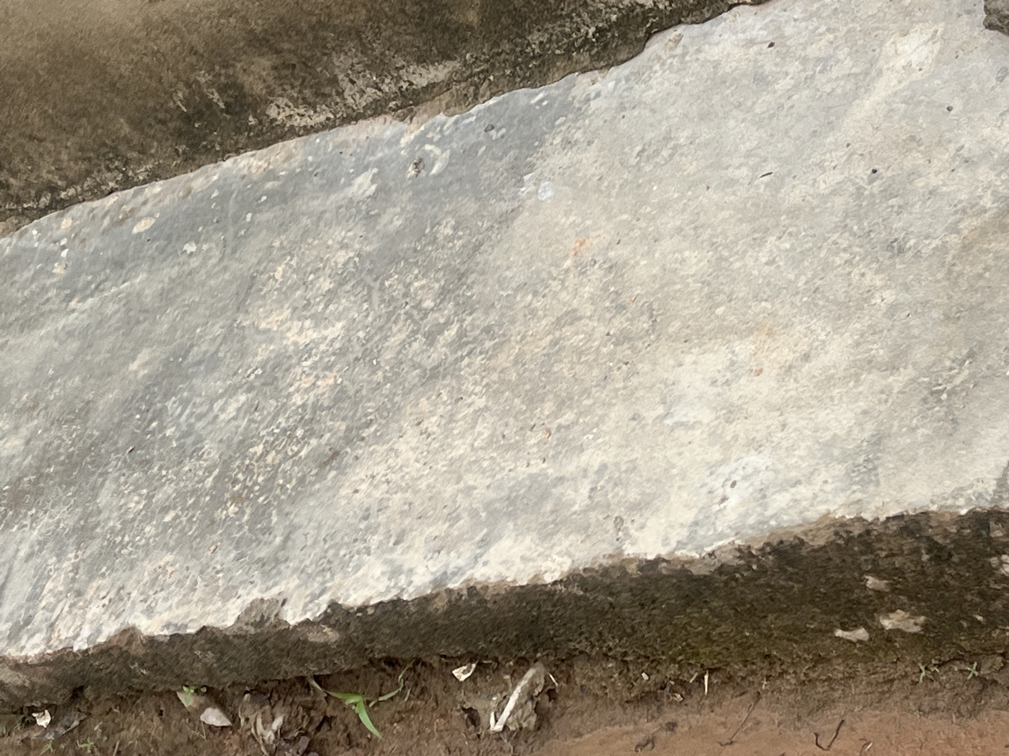 The image shows a close-up view of a rough concrete slab on the ground, likely in an outdoor setting within the city of Jalingo, Nigeria. The slab appears weathered and has a mottled grey and white texture with some small reddish-brown specks, possibly from dirt or rust. The edge of the slab is irregular and shows signs of wear and tear. To the left of the concrete, there is an area of damp, dark brown soil with some scattered small green shoots of grass and a few small white debris fragments. To the right of the concrete, the ground transitions into a darker, rougher surface that appears to be packed dirt or a lower-lying paved area, also showing signs of weathering and some organic matter. The lighting suggests it is daytime, with some shadows present, indicating an overcast or partially shaded condition. There are no people or animals visible in the image.
