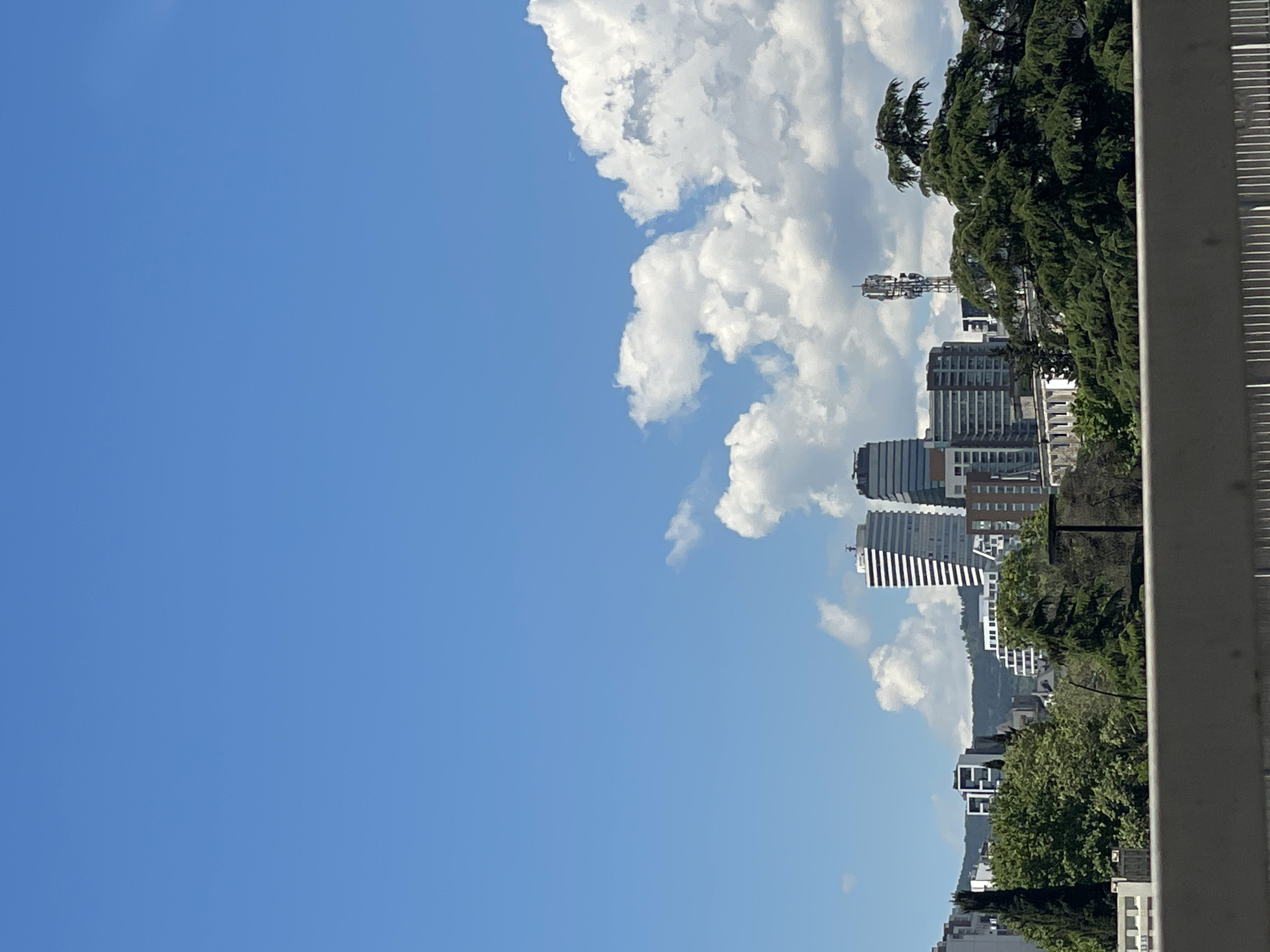The image captures a cityscape with a large expanse of clear blue sky on the left side, partially covered by a cluster of white, puffy clouds. Buildings of varying heights and architectural styles are visible, with some taller structures appearing as modern skyscrapers. Lush green trees fill the middle ground, partially obscuring the buildings behind them. A cellular communication tower rises prominently, amidst the buildings and trees. The perspective of the image suggests that the scene is captured from a higher vantage point, possibly a balcony or upper floor.
The city is Tbilisi, Georgia.