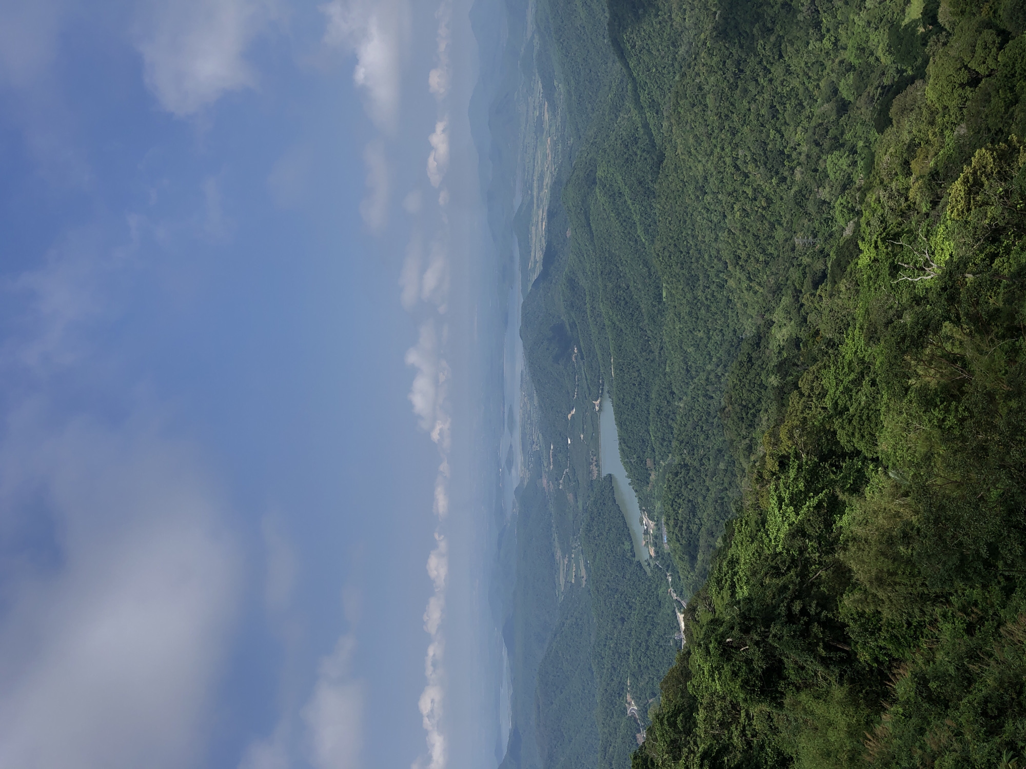 This is a high-angle, wide shot photograph of a lush, green mountainous landscape with a body of water visible in the distance. The sky is a vibrant blue with scattered white clouds. The foreground is dominated by dense, dark green foliage, indicating a tropical or subtropical environment.
As you move into the midground, rolling hills covered in a similar dense forest stretch out. There are patches of lighter green, suggesting cultivated areas or different types of vegetation. A winding road is visible on the left side of the image, cutting through the hills. Further into the midground, a calm body of water, likely a lake or a large river, reflects the blue sky.
In the background, more layers of mountains fade into a hazy blue, creating a sense of depth and vastness. Another body of water, even larger than the one in the midground, is visible on the far horizon. The overall impression is one of natural beauty and tranquility.
This landscape is characteristic of the area around Nam Hải, Vietnam, known for its mountainous terrain, dense forests, and numerous lakes and rivers. The scene depicts a rural or natural setting, devoid of any visible human activity or structures, other than the road and some subtle signs of human presence like buildings clustered near the water in the midground.
