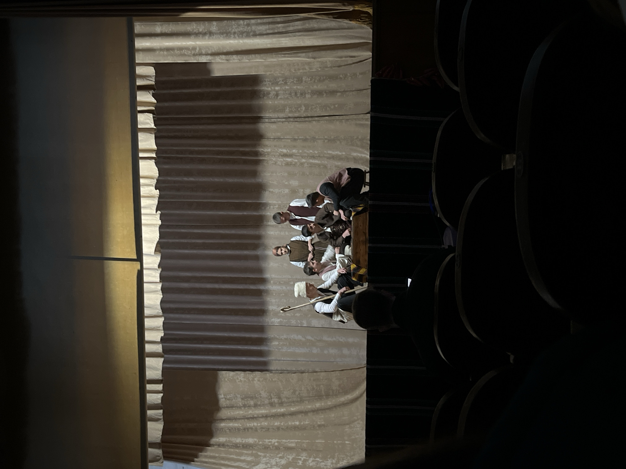 The image shows a group of approximately 7-10 people, possibly actors, gathered on a stage in Voiniagovo, Bulgaria. They are in costume, suggesting a play or performance. The stage has a draped curtain backdrop. Seating is visible next to the stage. The setting appears to be inside a theater. One person is holding a staff.