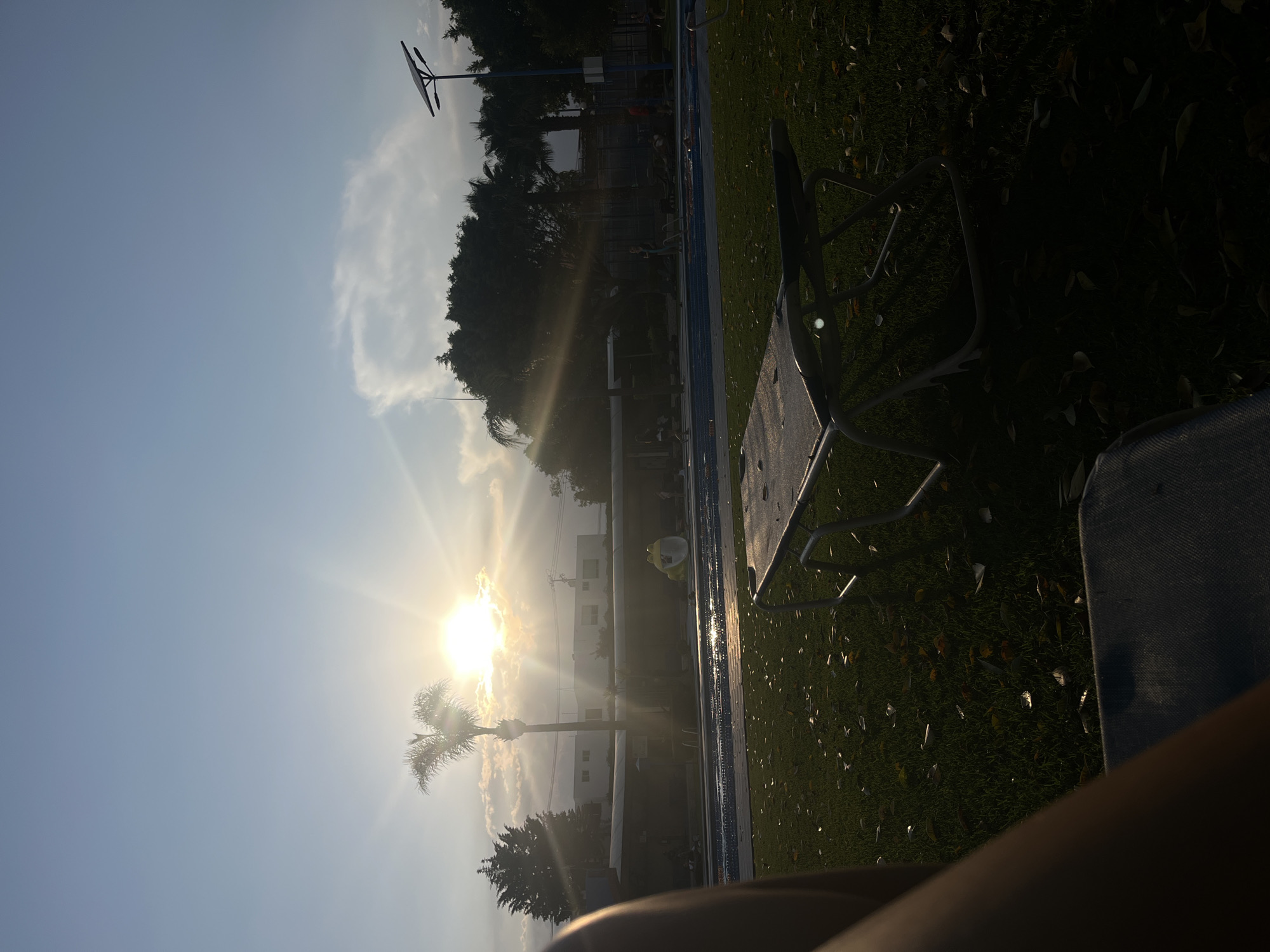 The image depicts an outdoor scene at approximately daytime, seemingly near a swimming pool. The sun is shining brightly, creating glare and casting long shadows. A palm tree is visible silhouetted against the sun. A swimming pool with blue tiles runs along the left side of the frame. There is a chair situated on the right side of the frame on a grassy area. The grass is littered with leaves. Other trees and buildings can be seen in the background. There are no people visible in the scene. There are no details visible that allow for the confirmation of the location being in San Bernardino Tlaxcalancingo, Mexico.