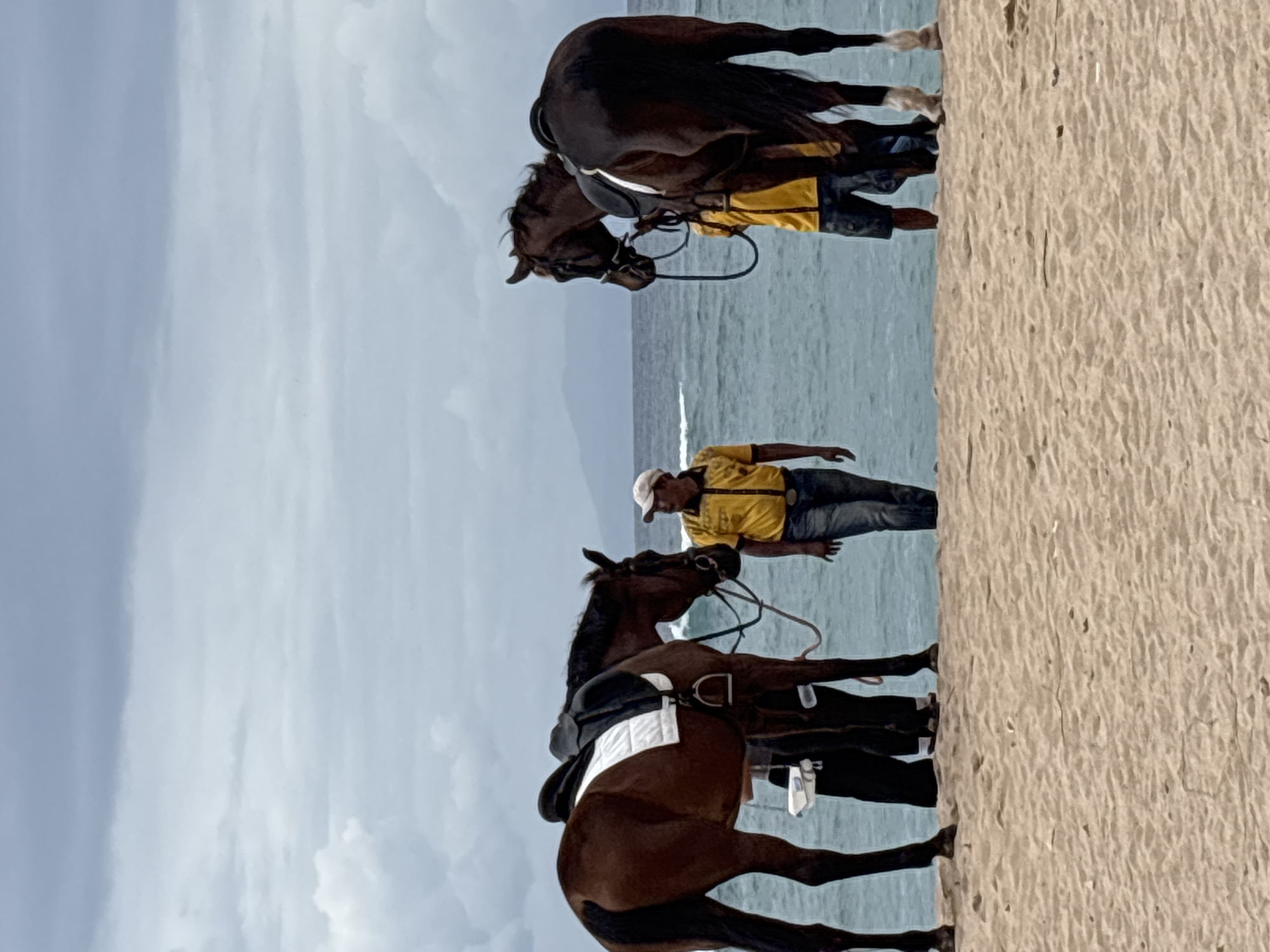 The image depicts a beach scene in Kuta Selatan, Indonesia, featuring three horses and at least three individuals. Two horses are in the foreground, one on the left and one on the right, both saddled. A man wearing a yellow shirt and a white cap stands between the left horse and the ocean, facing the horse. Another man in a yellow shirt and blue shorts is visible near the right horse, to the right of the main subject. A third person, dressed in black, is partially obscured behind the left horse. The horses are positioned on the sandy beach, with the turquoise ocean and a distant, hazy coastline in the background. The sky is overcast with clouds.
