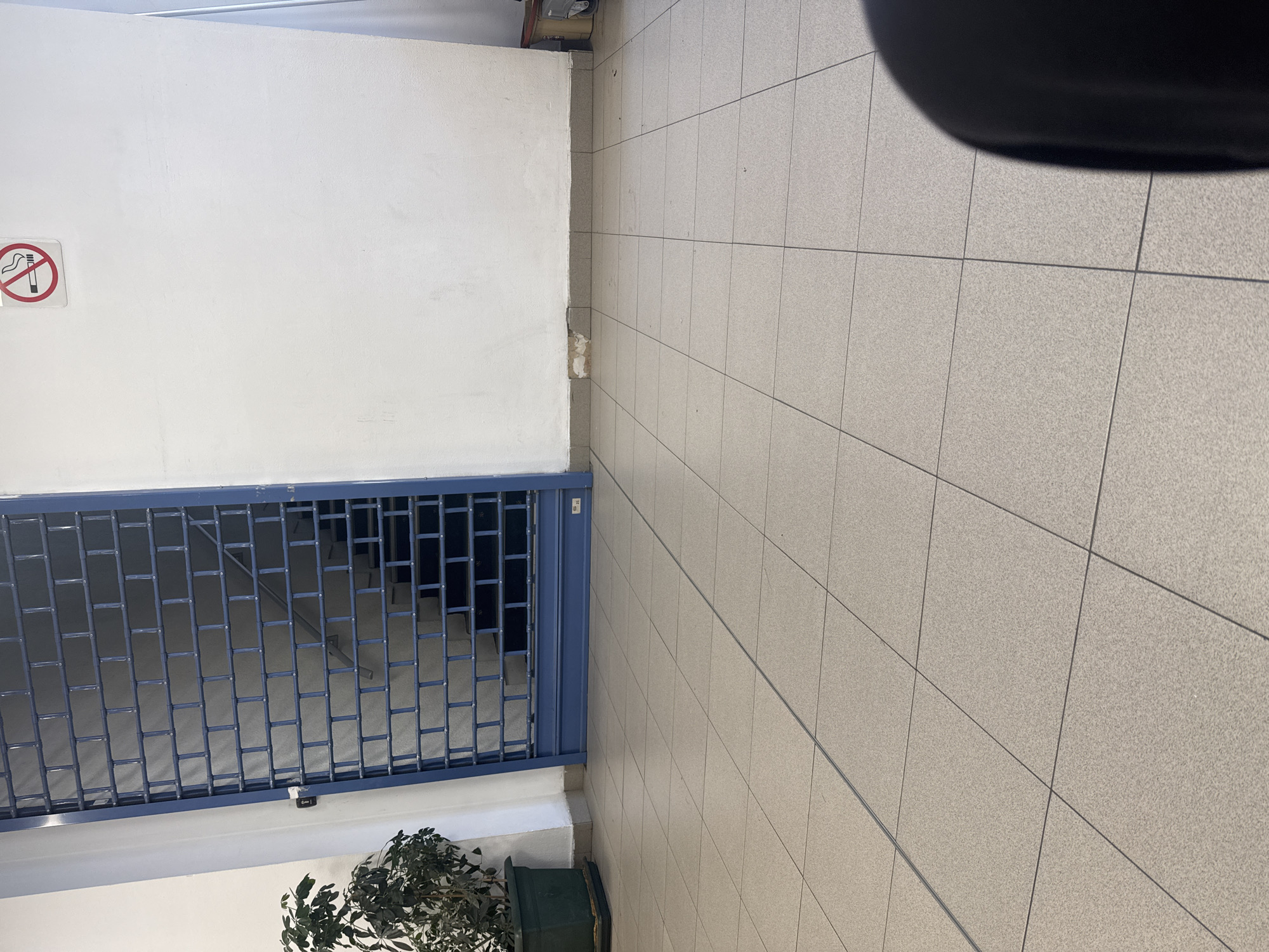 The image shows a section of an indoor space, potentially a hallway or entrance area. A white wall is on the left with a 'no smoking' sign. A blue metal security gate is below the sign, partially obstructing a staircase or access to another level. The floor is covered in light-colored square tiles. A potted plant is near the bottom of the frame, next to the security gate. A portion of what appears to be a black object is visible in the top right corner. There is no clear indication of the location as Sofia, Bulgaria. The scene appears static, with no visible human presence or action taking place.