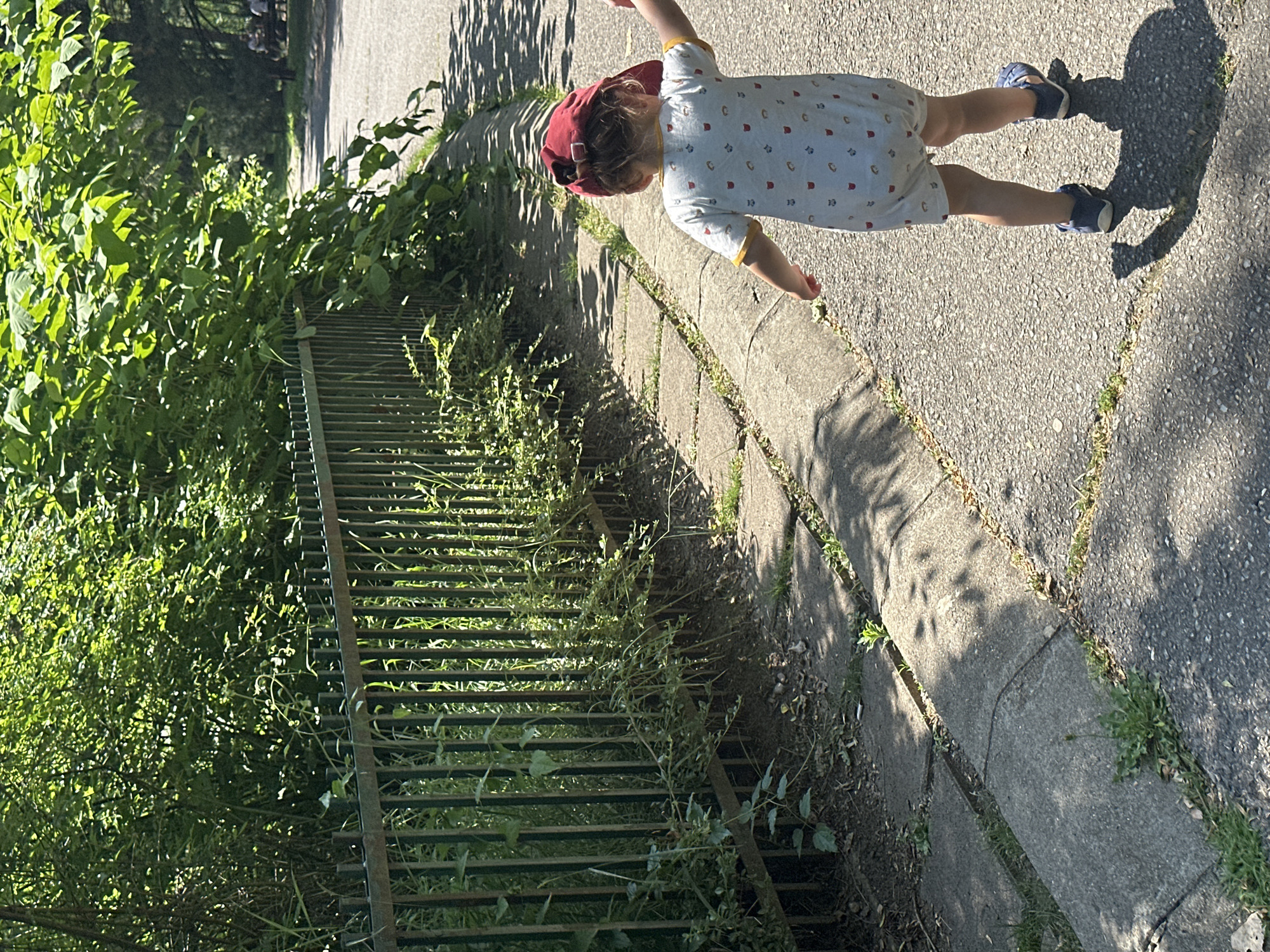 A young child wearing a red cap and a white romper with small, colorful graphics is walking on an asphalt path in a park. The child is seen from behind, walking away from the camera. To the left of the path is a metal fence bordering a dense green hedge. The ground next to the path is paved with large concrete slabs, with grass and weeds growing between them and along the curb. Sunlight casts shadows from the vegetation onto the path and the ground. In the background, trees and more distant parkgoers are visible. The scene appears to be set in a park in the city of Sofia, Bulgaria.